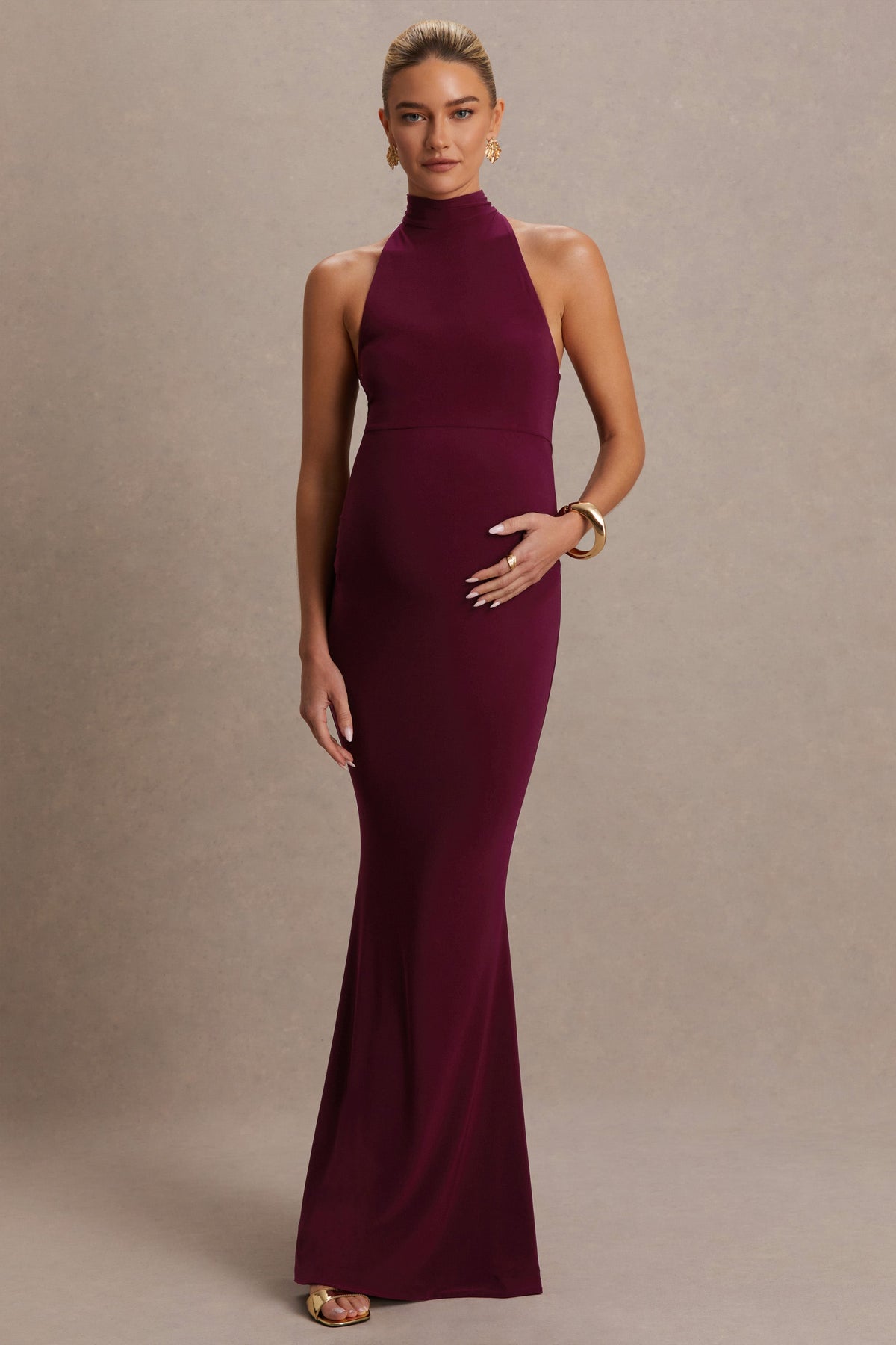 Kaia | Burgundy Halter-Neck Maternity Dress