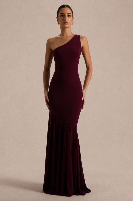 Zya | Dark Plum Asymmetric-Neck Fishtail Maxi Dress