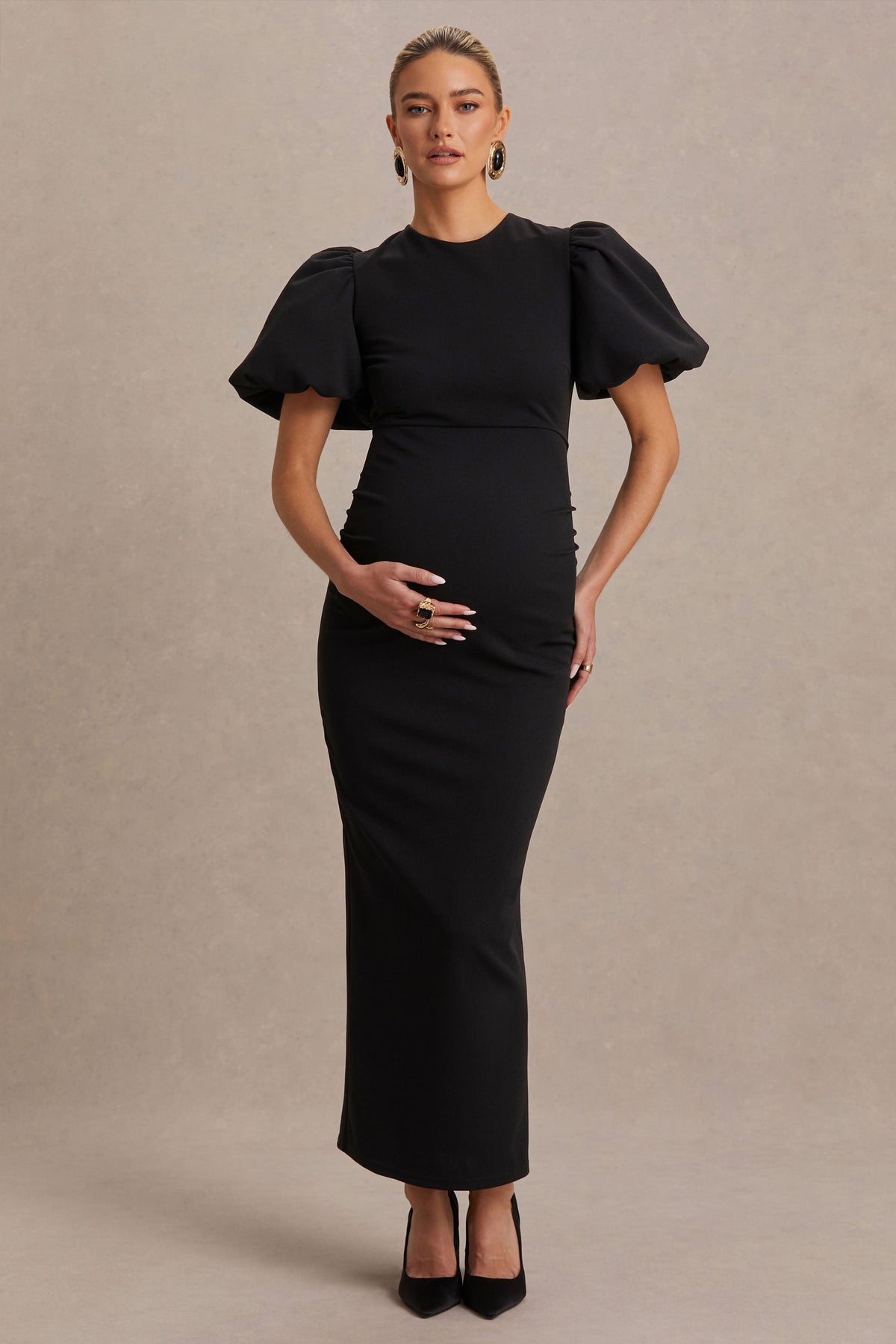 Luna | Black Crew-Neck Maternity Midi Dress With Puff-Sleeves