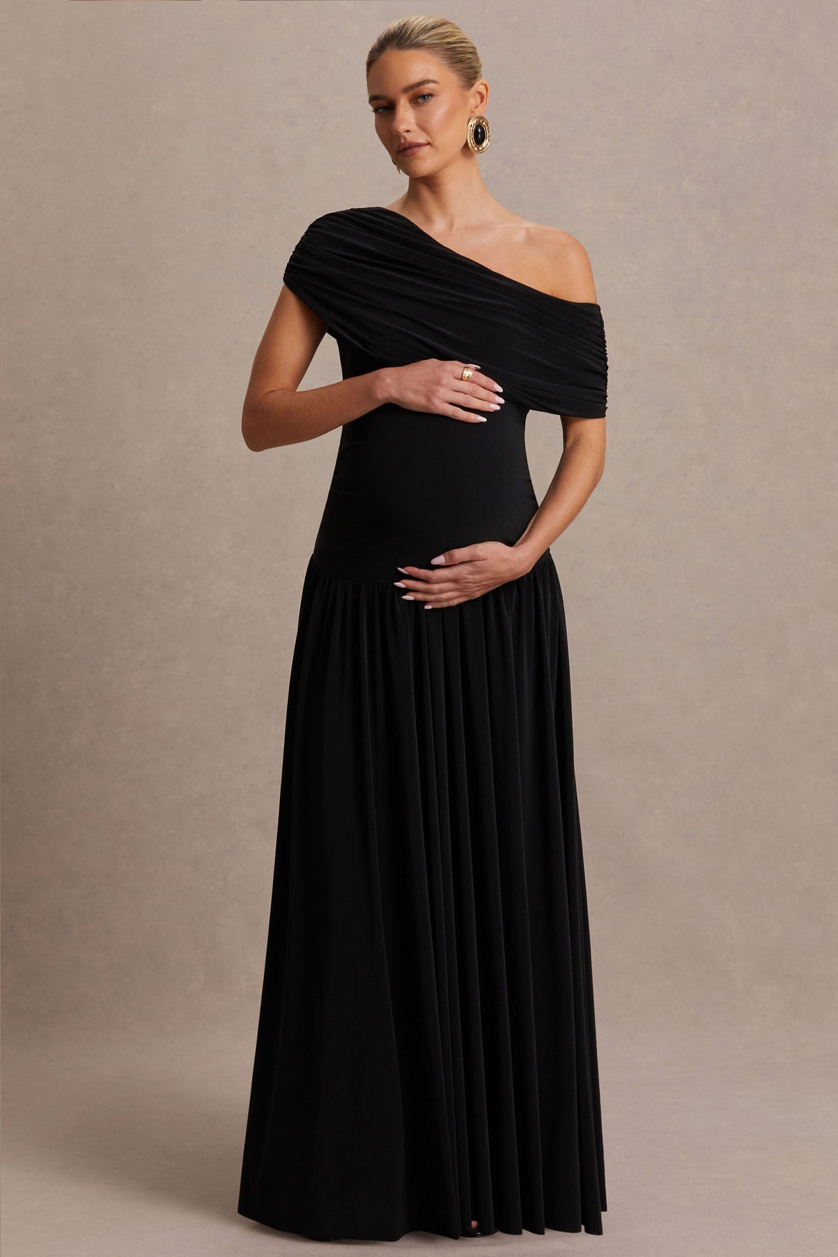 Noah | Black Jersey Ruched One Shoulder Maternity A-Line Maxi Dress With Drop Waist