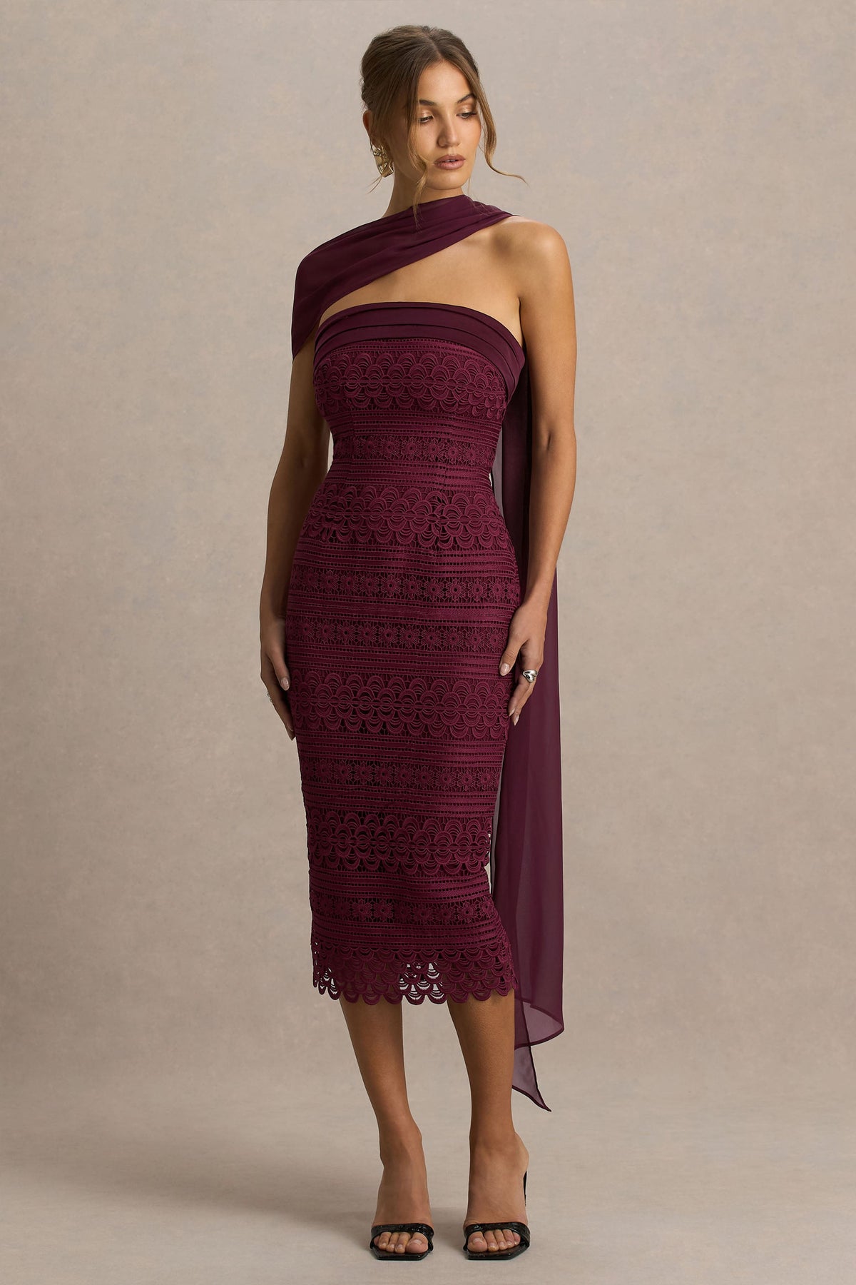 Secret | Burgundy Bandeau Lace Midi Dress With Scarf Detail