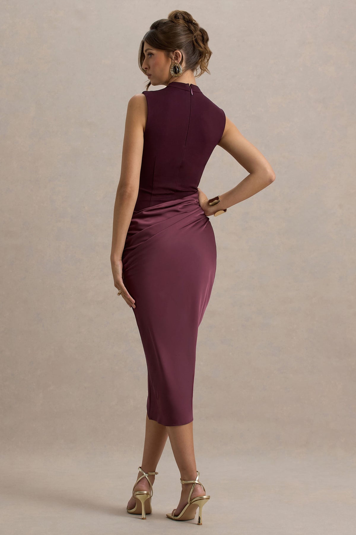 All Yours | Dark Cherry Satin High-Neck Wrap Midi Dress