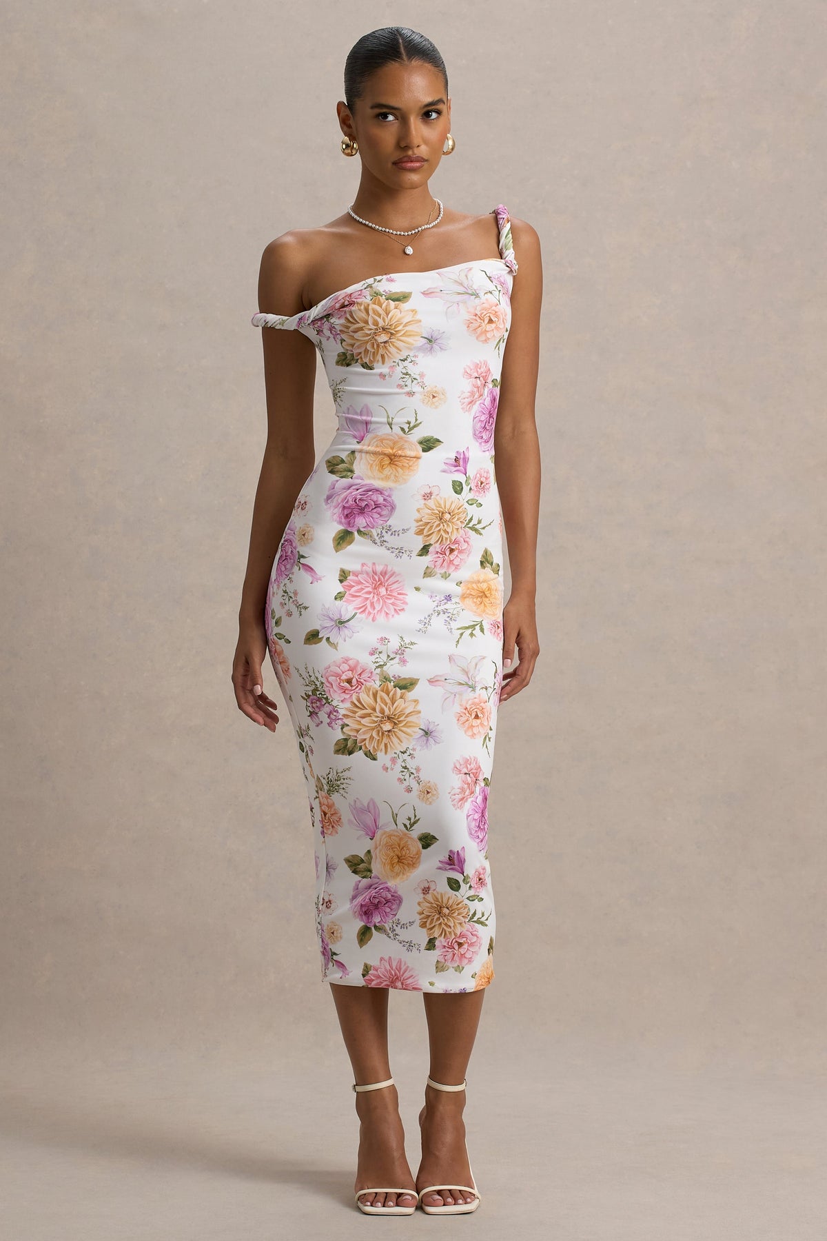 Nora | Peach And Lilac Floral Twisted Asymmetric Midi Dress