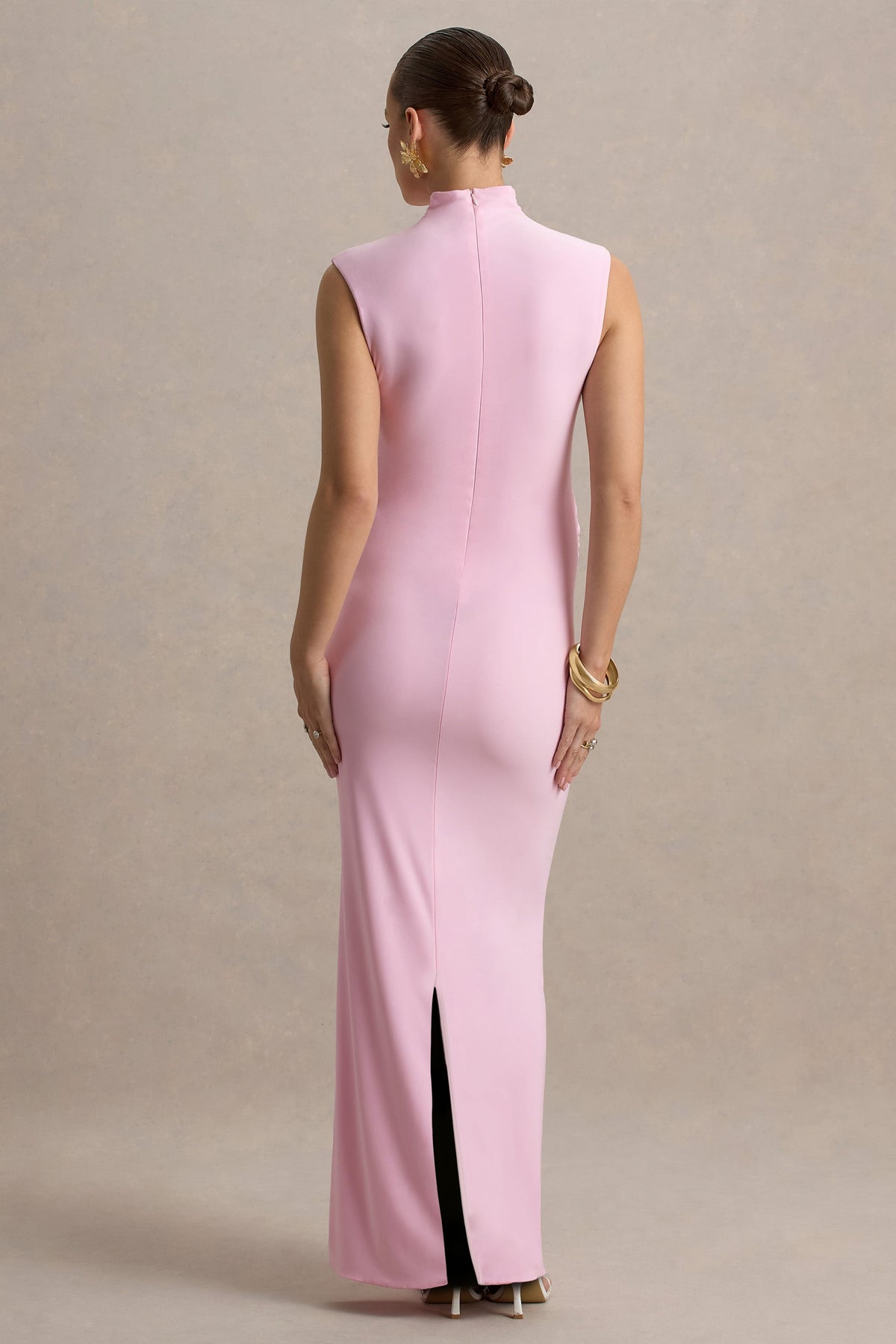 Kienna | Pink Ruched High-Neck Maternity Maxi Dress