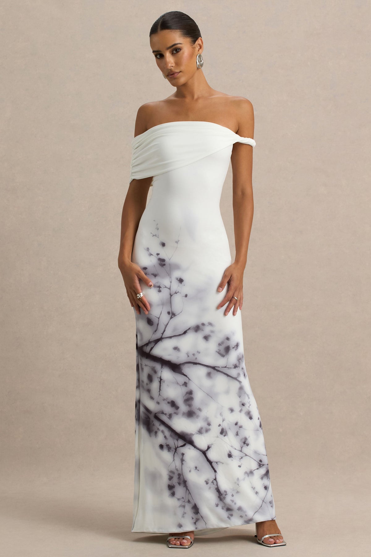 Sachi | White Print Twisted Bardot Maxi Dress