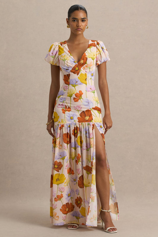 Ginny | Bright Floral Print Puff-Sleeve Split Maxi Dress