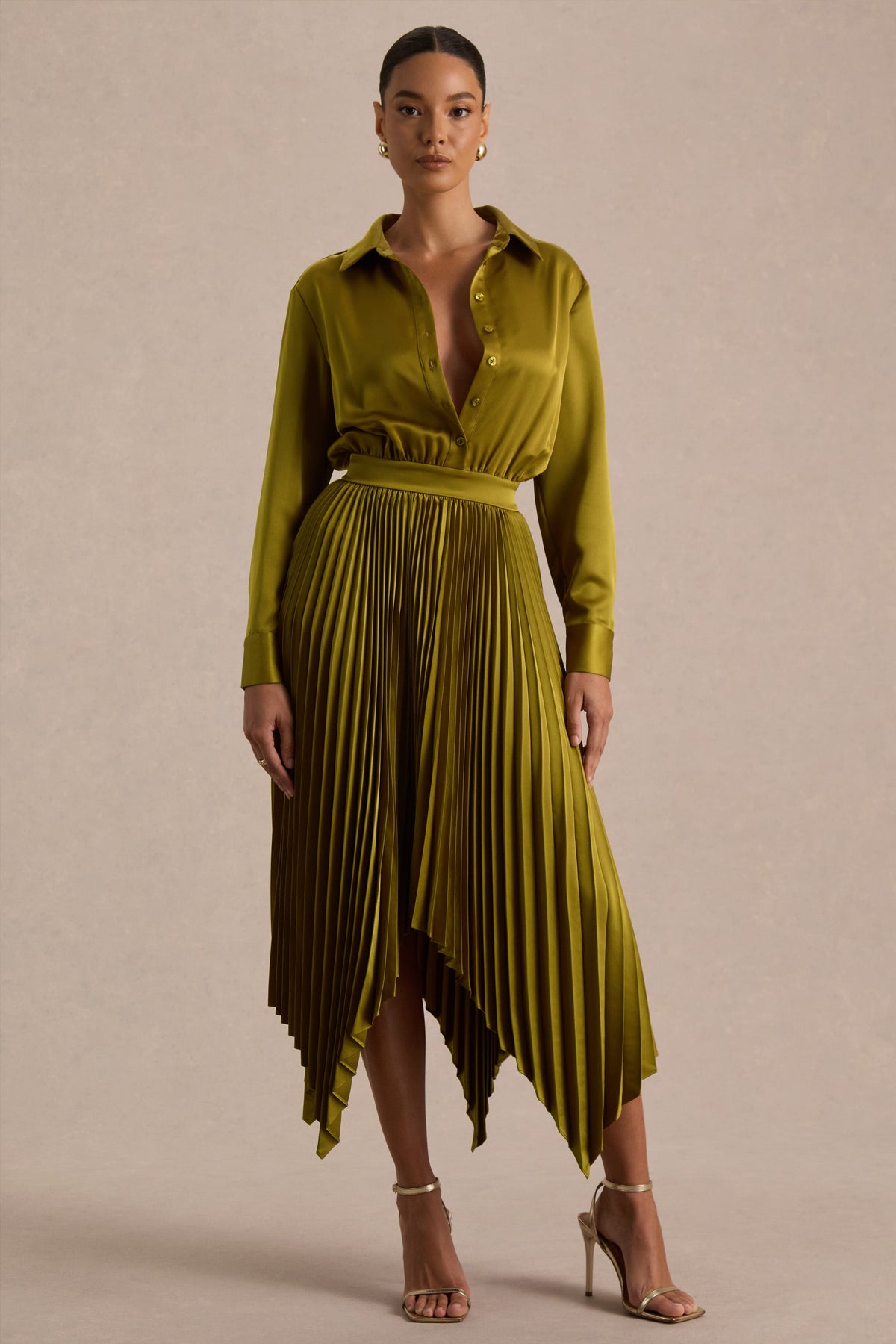 Naxos | Olive Satin Shirt Maxi Dress With Pleated Skirt