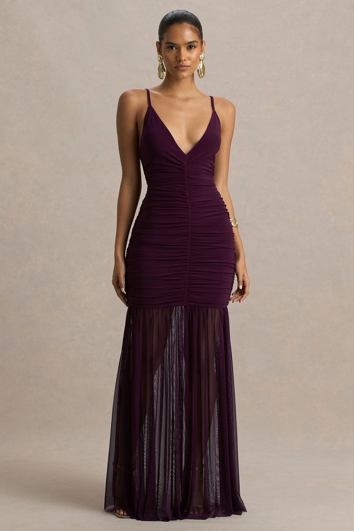 Pasqualina | Plum Ruched Plunge-Neck Maxi Dress