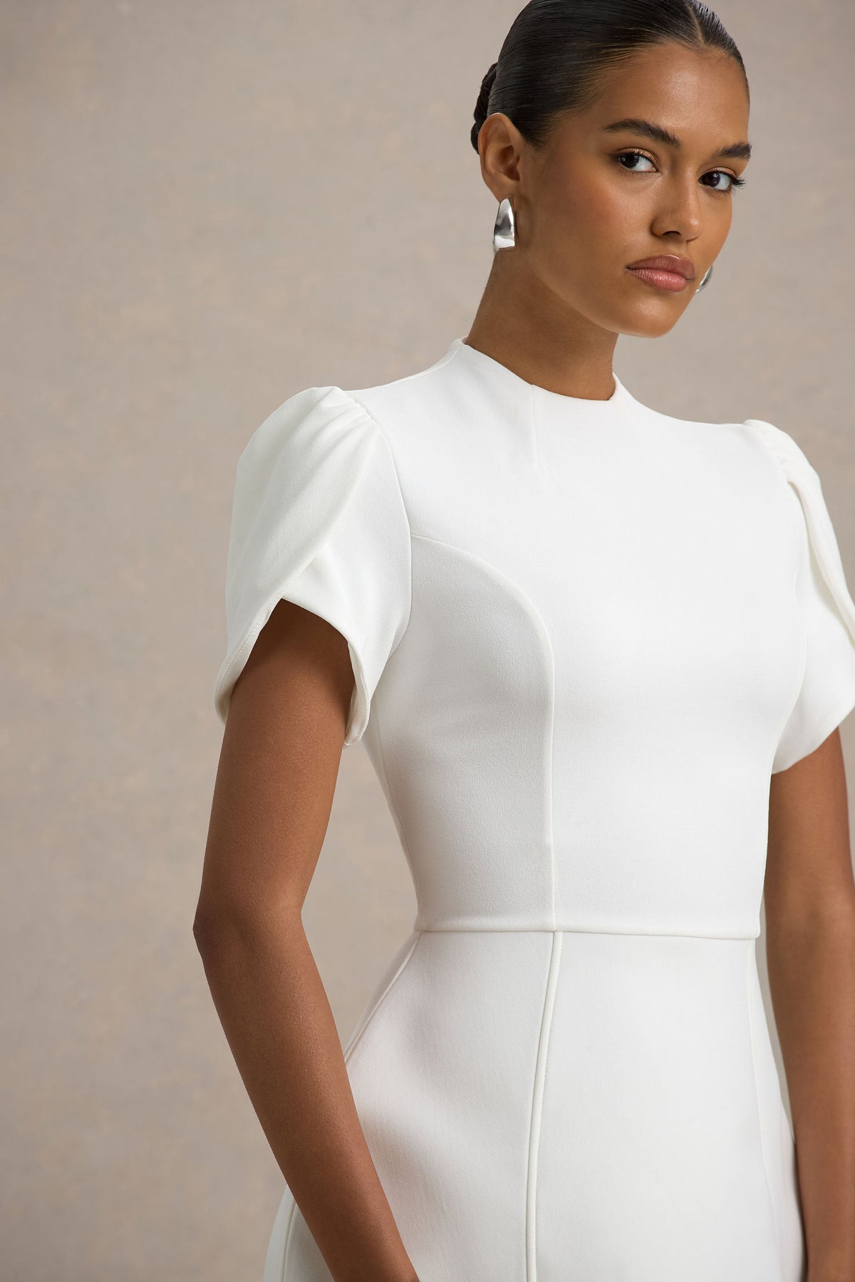 Carabella | White High-Neck Short-Sleeve Mini Dress