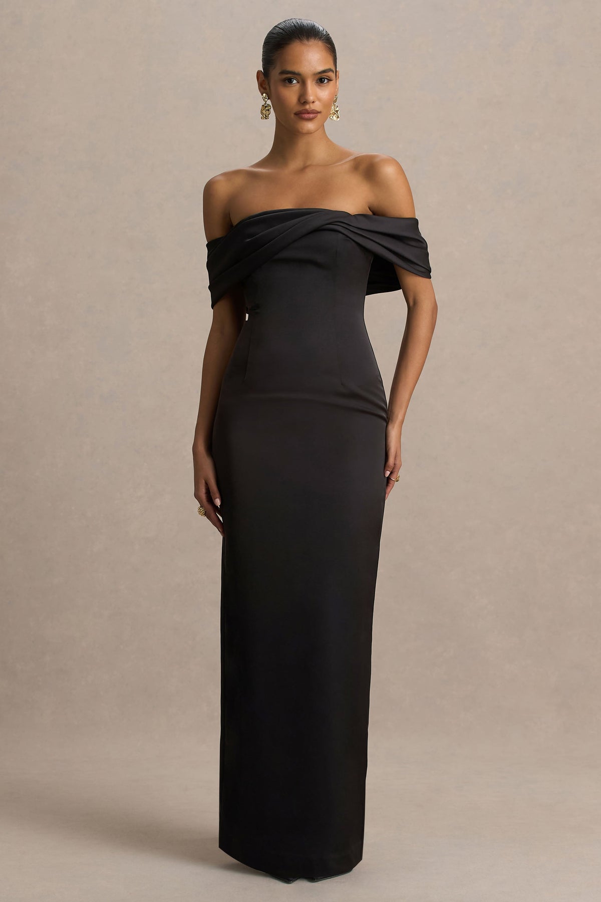 Valeria | Black Satin Twist-Bardot Neck Maxi Dress