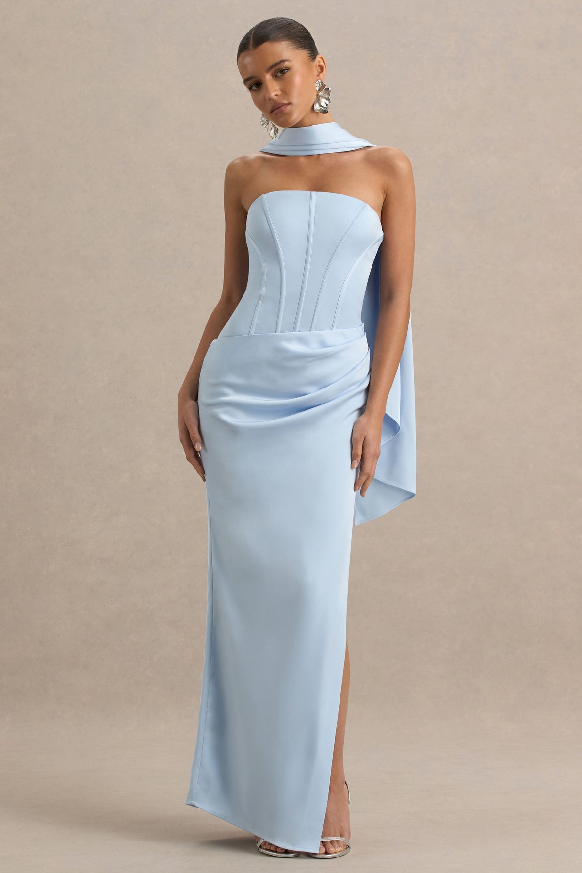 Joseline | Powder Blue Satin Corset Wrap Maxi Dress With Scarf