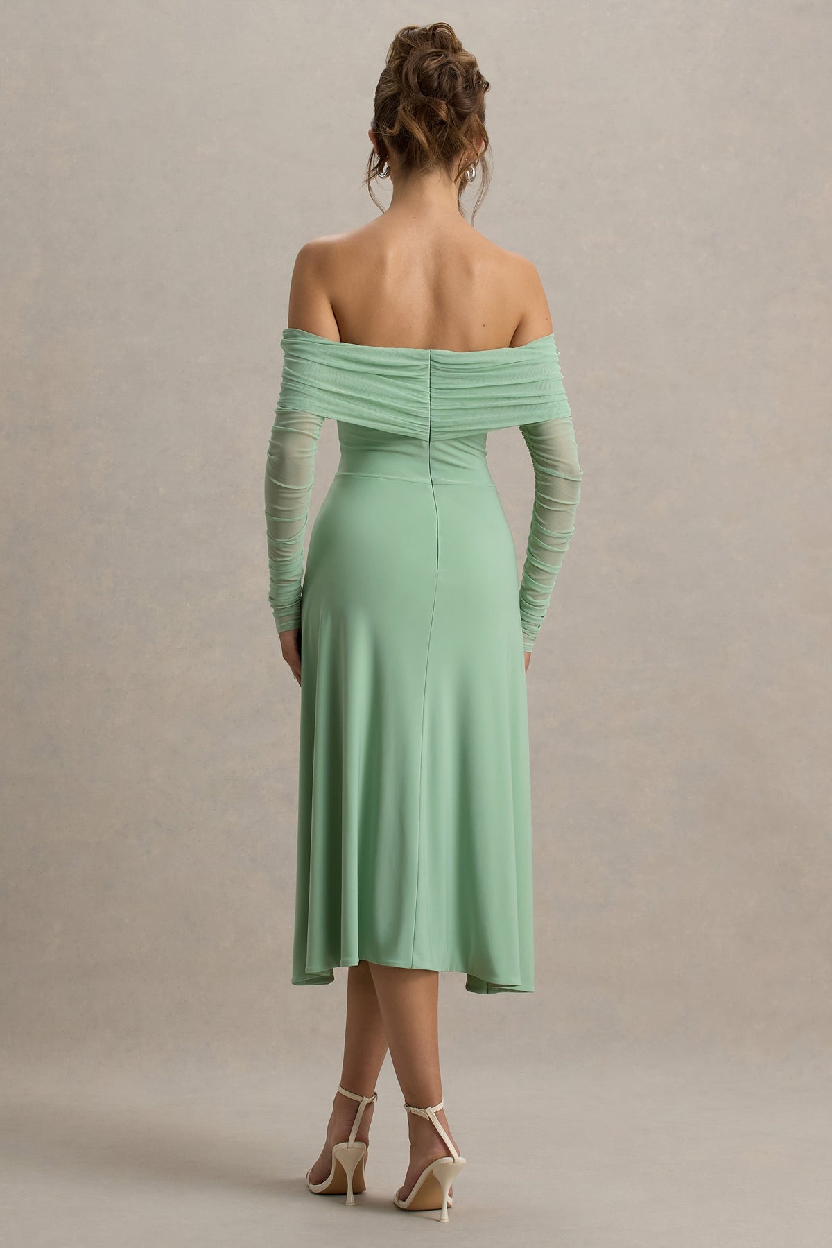 Flatter Me | Light Green Bardot Midi Dress With Mesh Sleeves
