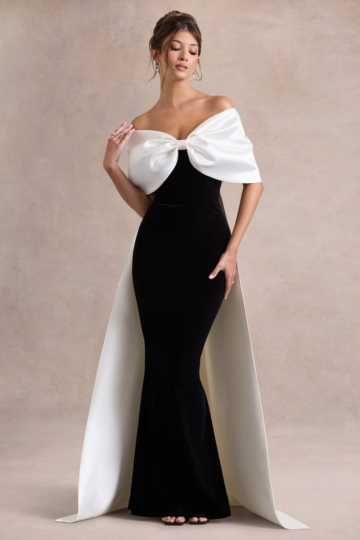 Wanting More | Black & White Satin Cape Maxi Dress With Oversized Bow