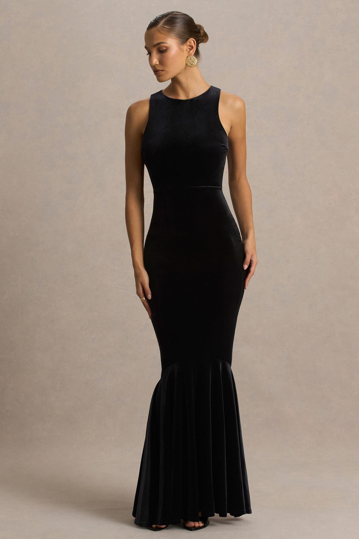 Pippa | Black Velvet Crew-Neck Mermaid Maxi Dress