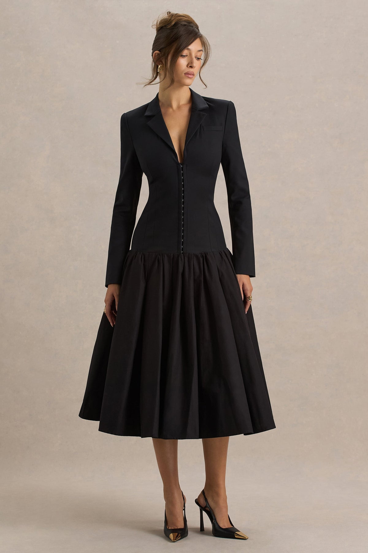 Cosmopolitan | Black Plunge-Neck Tailored Midi Dress With Pleated Hem