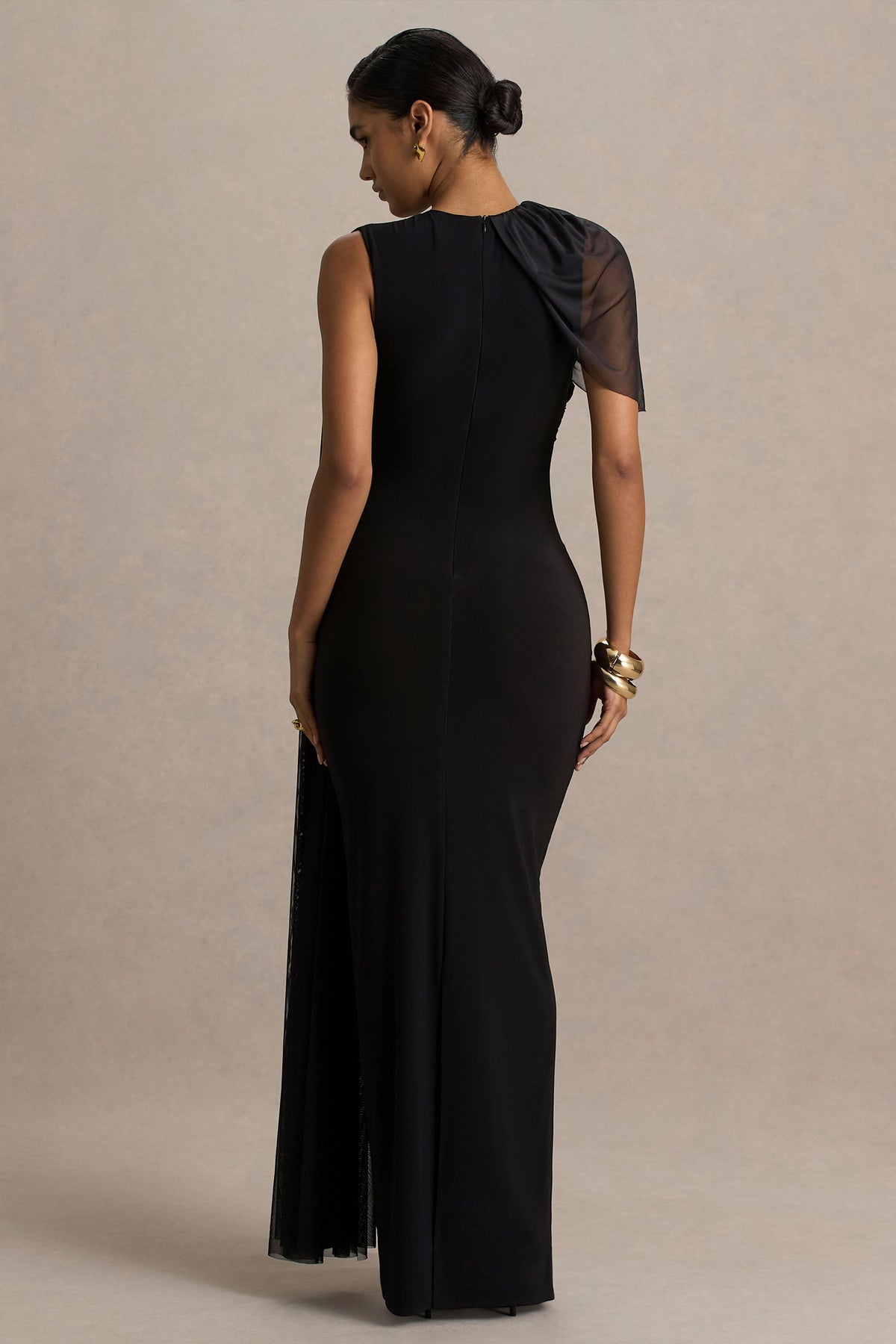 Brenda | Black Crew-Neck Maxi Dress With Mesh Cape And Sash