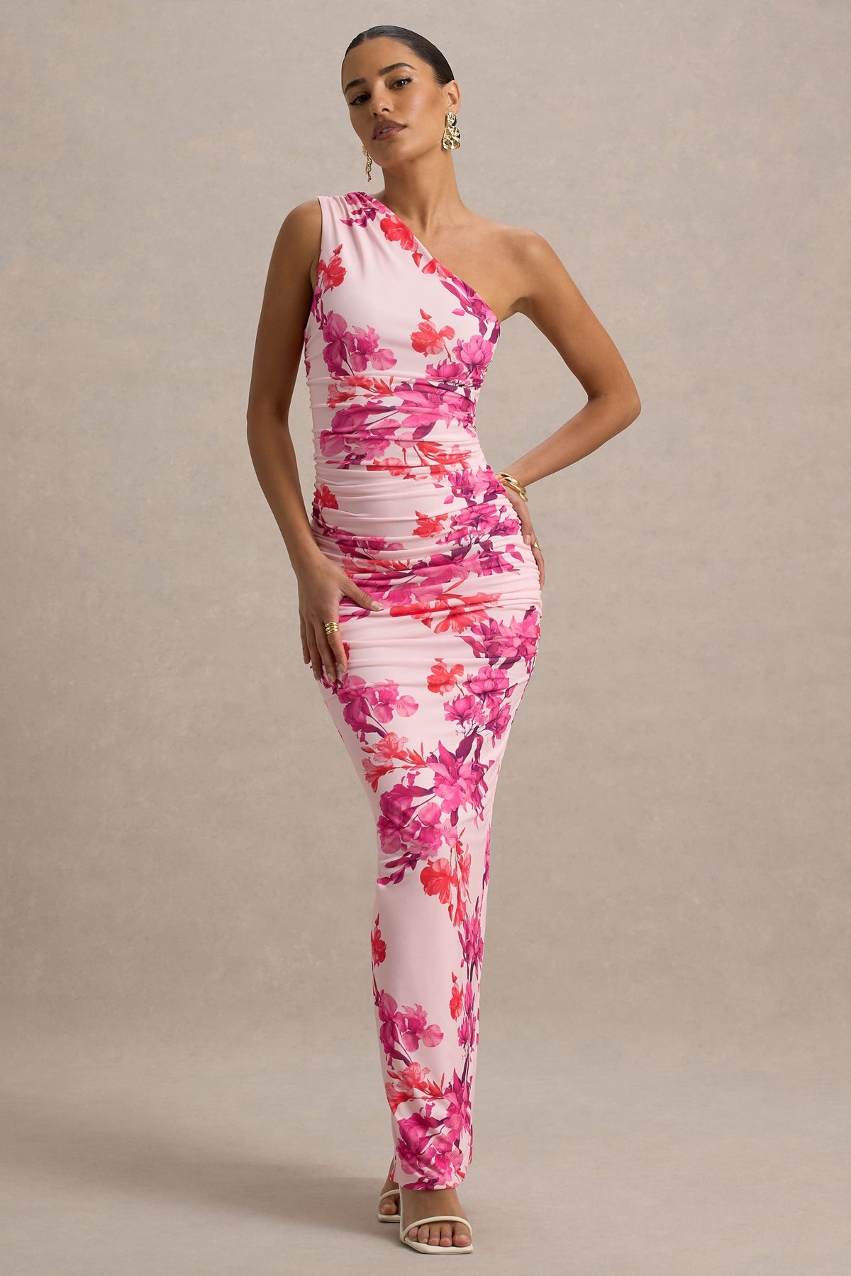 Dalarie | Pink and Orange Floral Print One-Shoulder Gathered Maxi Dress