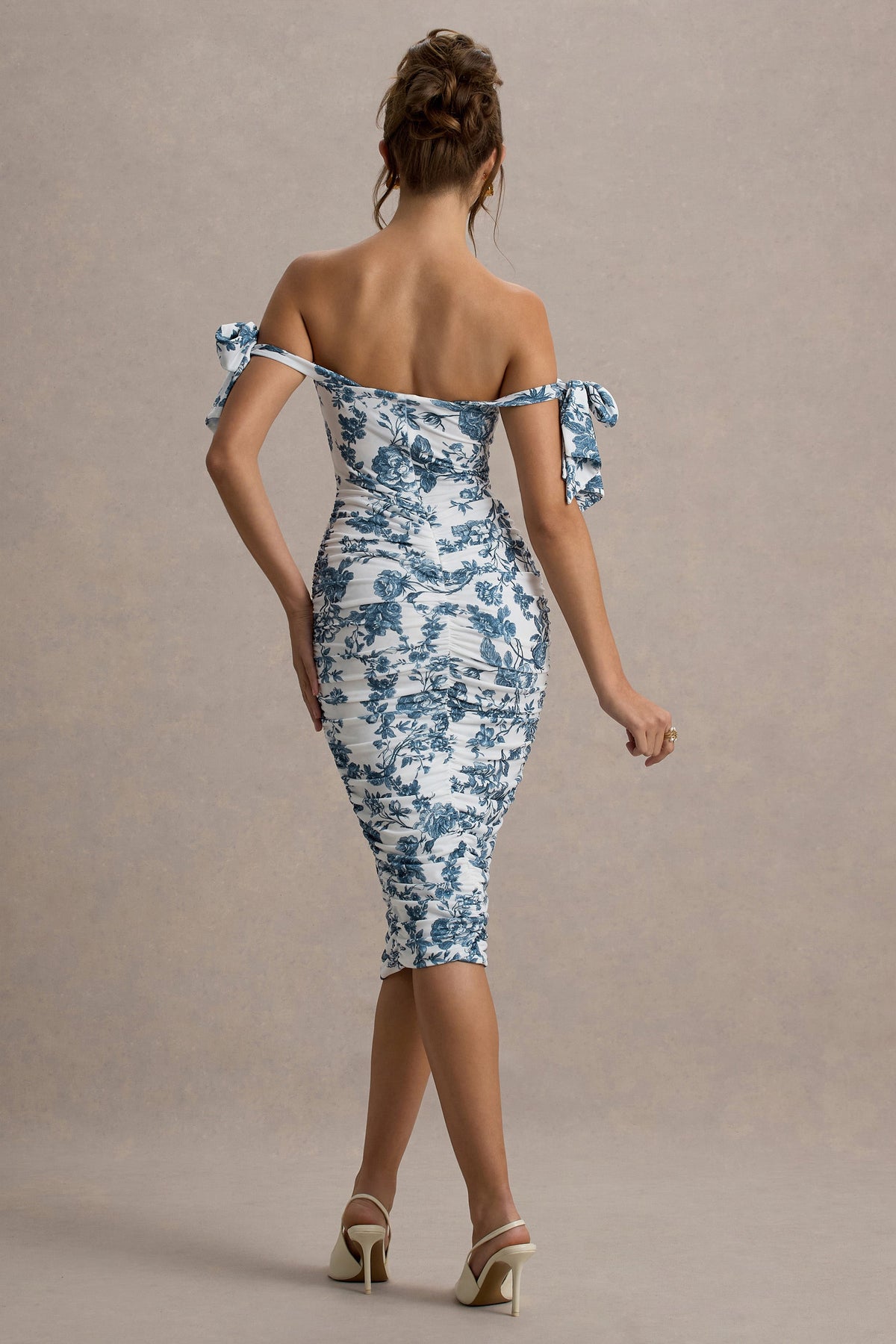 Citrus | Blue Porcelain Print Bardot Bodycon Midi Dress With Bow Sleeves