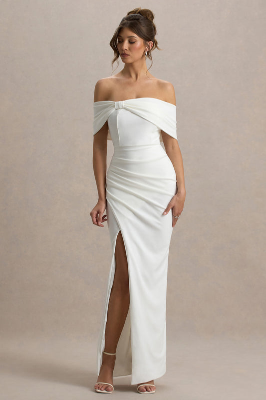Eva | White Bardot Bow Detail Maxi Dress With Thigh Split