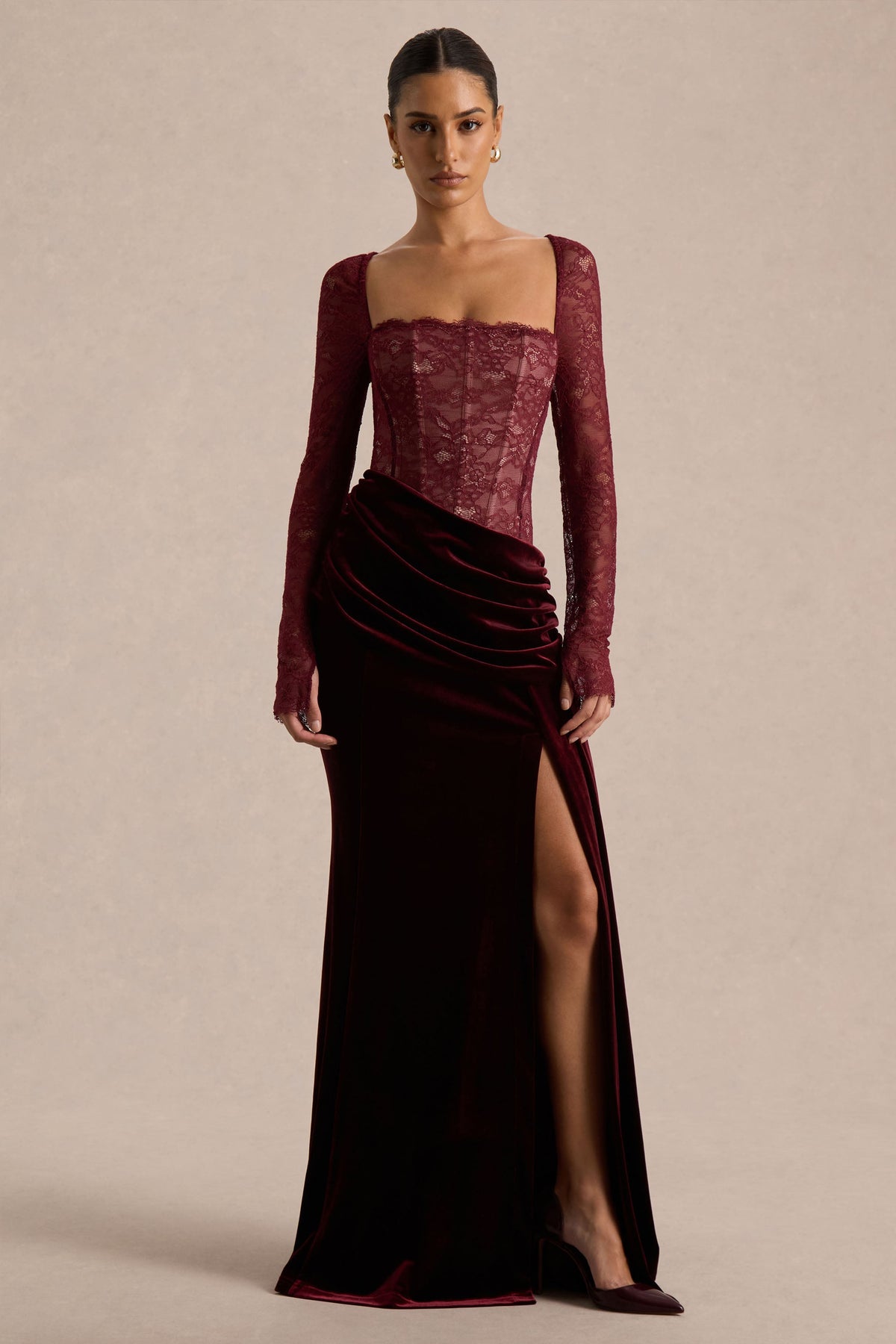 Finesse | Burgundy Lace And Velvet Square-Neck Maxi Dress With Draped Skirt