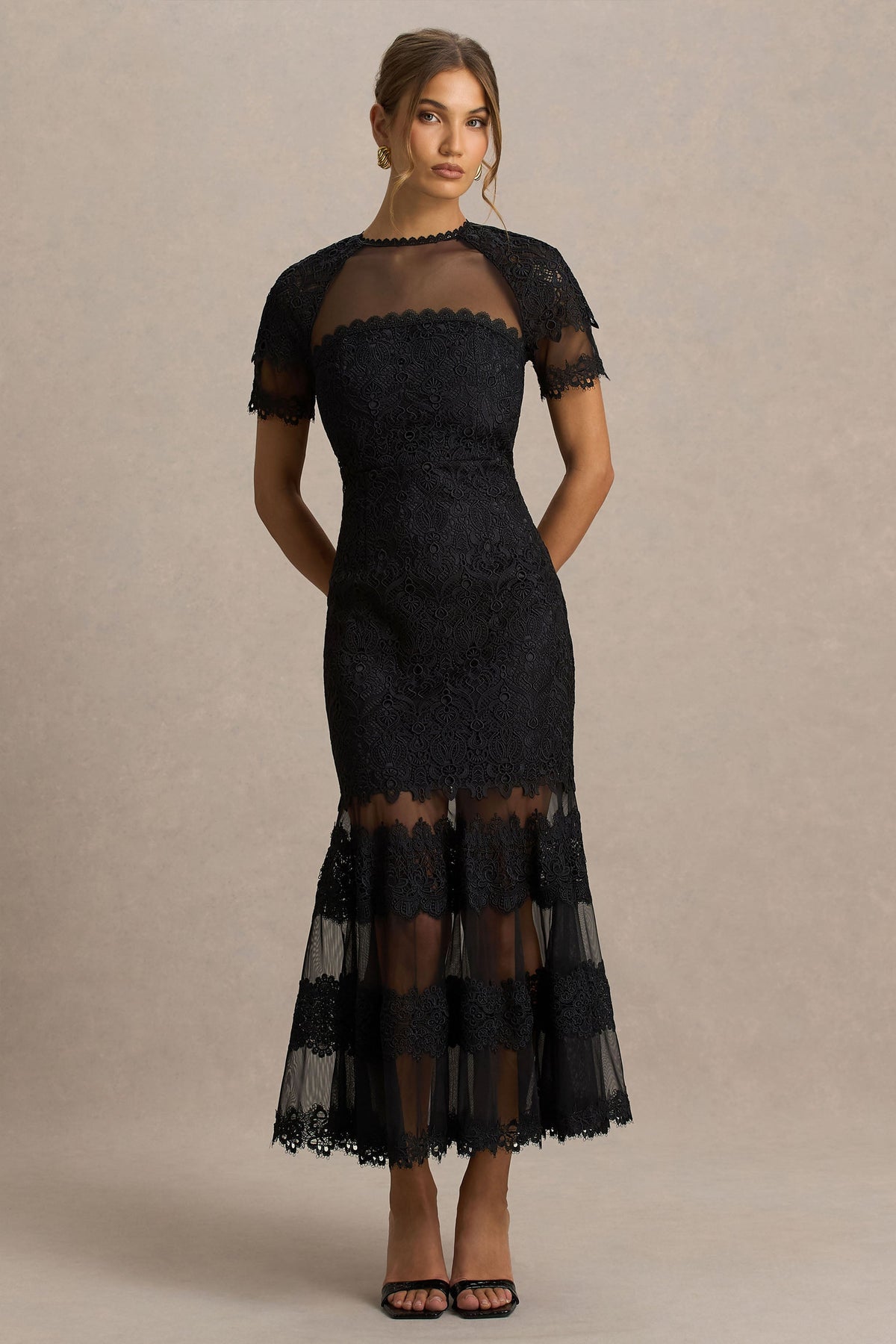 Leanne | Black Mesh And Lace Crew-Neck Fishtail Midi Dress