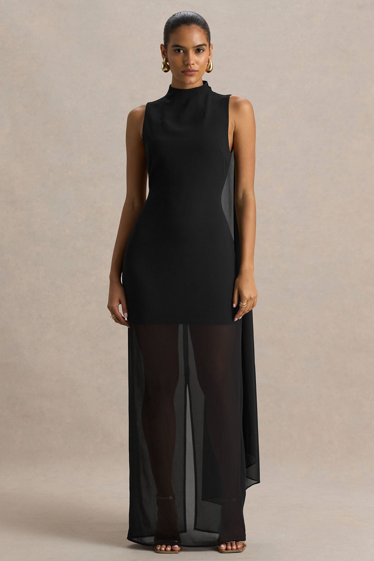 Unpredictable | Black High-Neck Maxi Dress With Back Cape Detail
