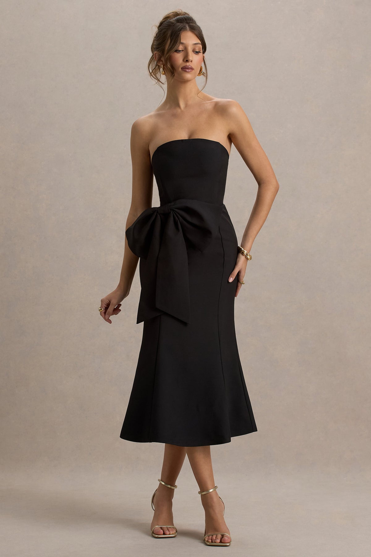 To Me | Black Bandeau Midi Dress With Oversized Bow