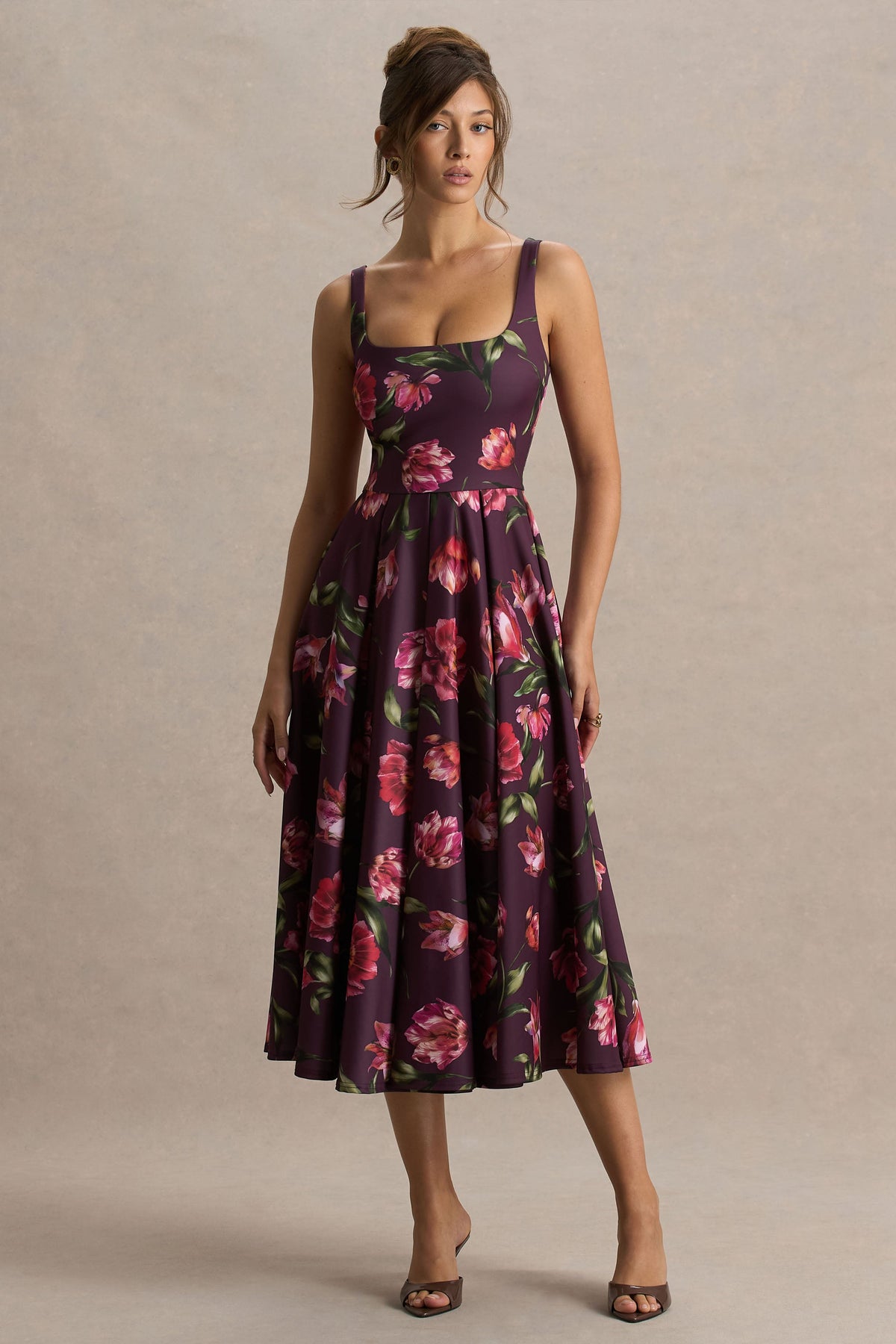 Berta | Burgundy Floral Print Scuba Square Neck A-Line Midi Dress
