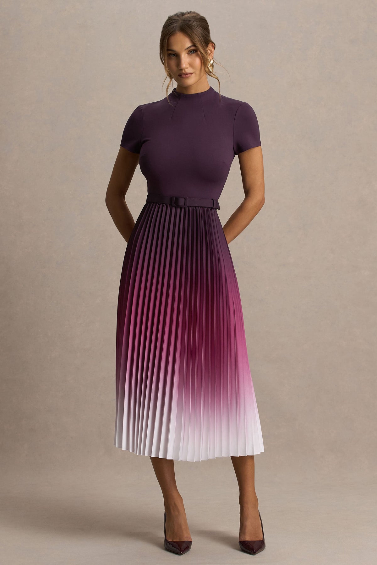 Libby | Burgundy Ombre Woven High-Neck Midi Dress With Pleated Detailing