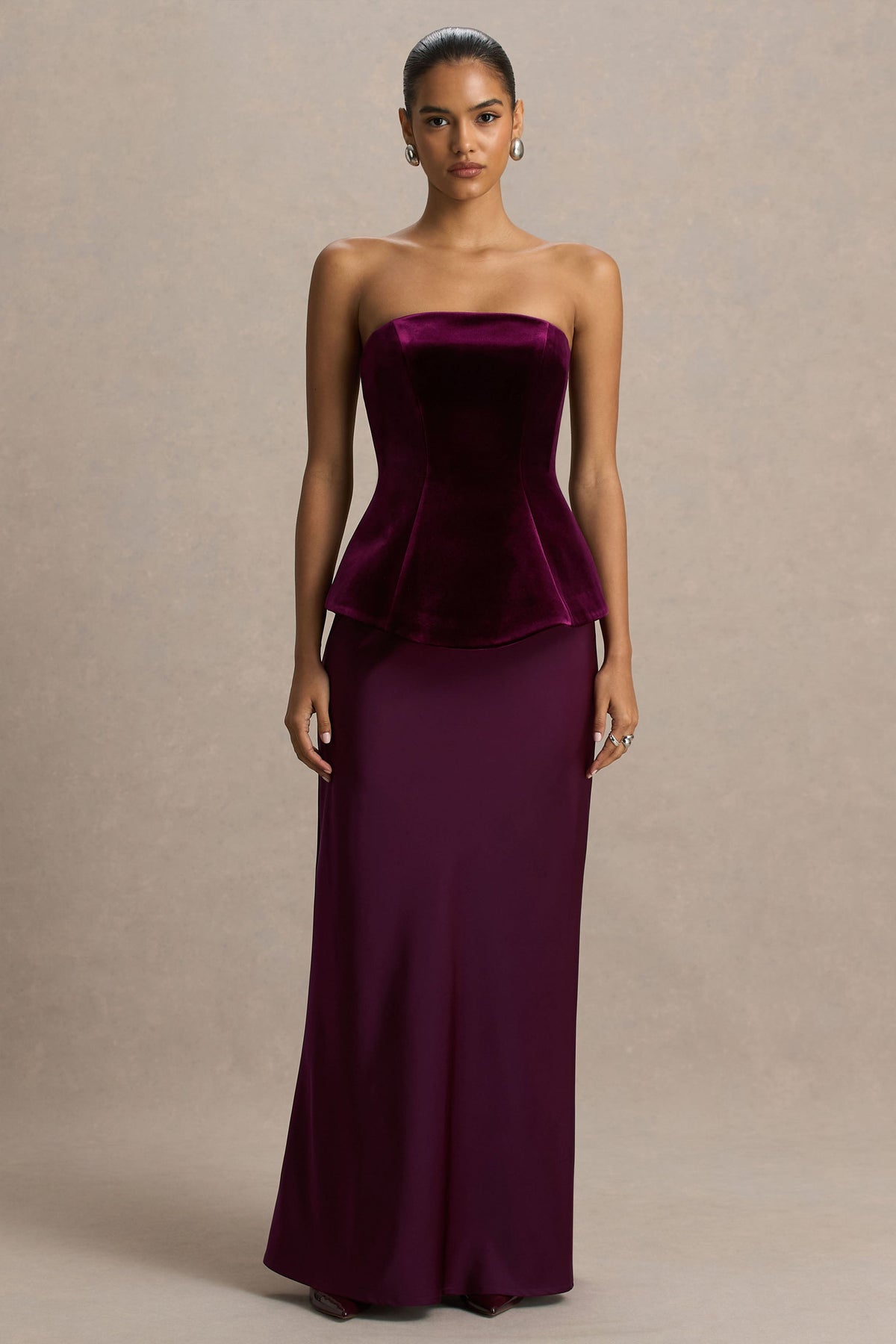 Indulgent | Burgundy Velvet And Satin Bandeau Corset Maxi Dress