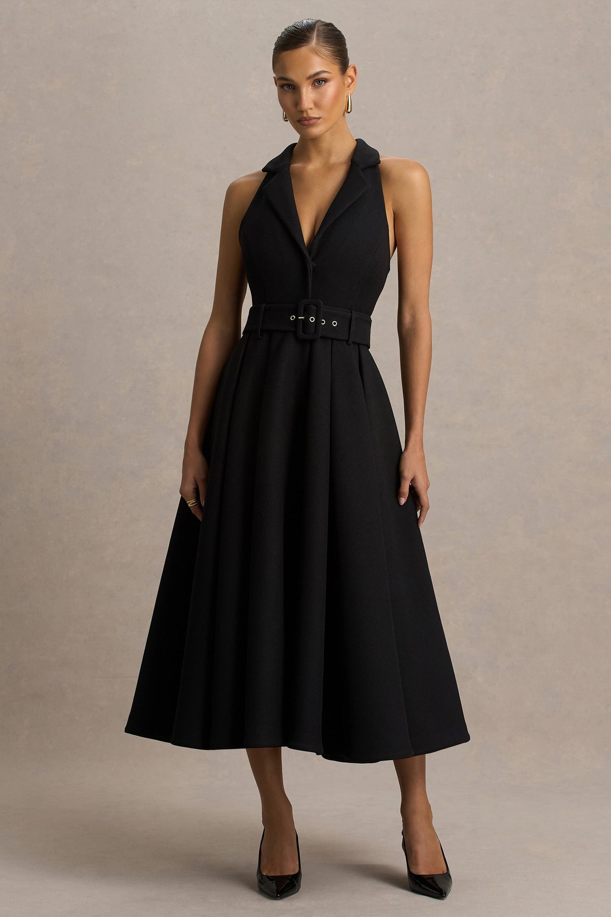 Alessa | Black Plunge-Neck Tailored Midi Dress