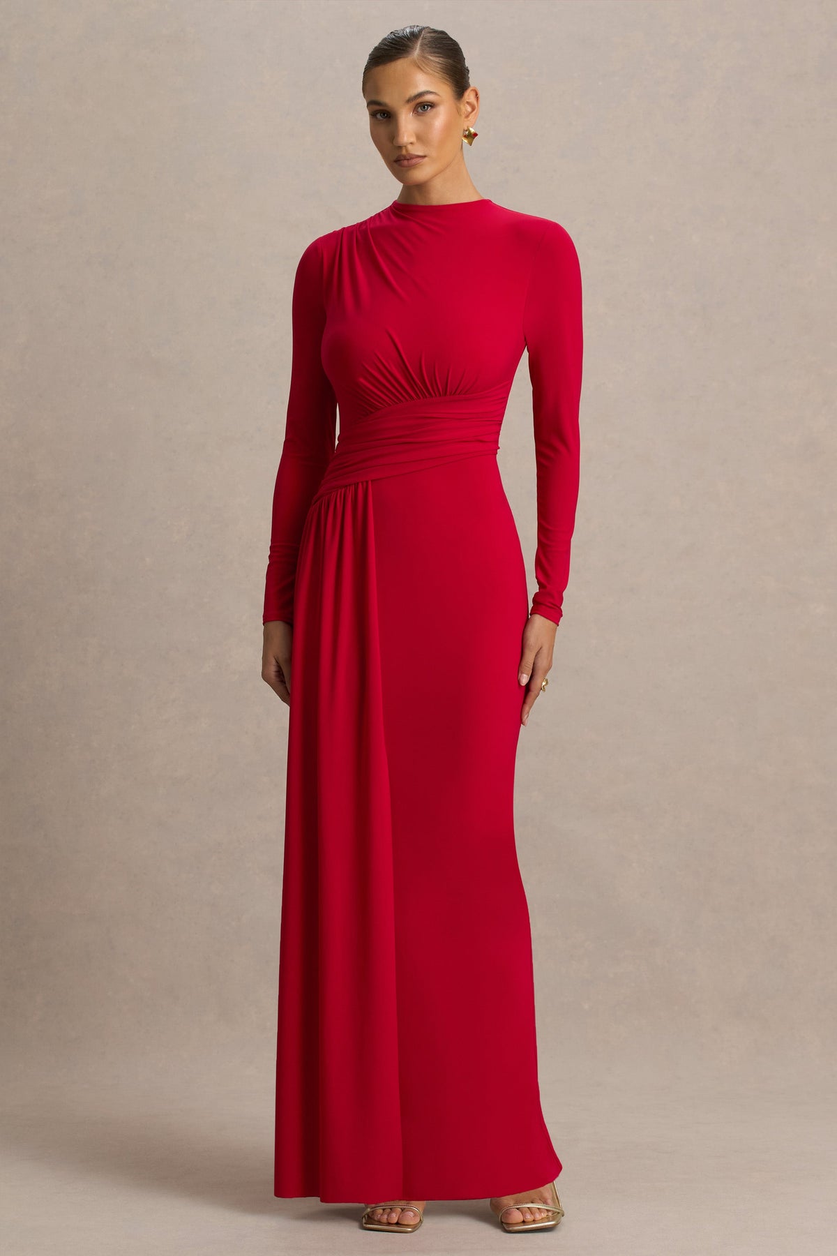 Virelle | Red Boat-Neck Maxi Dress With Wrap Detail And Sash