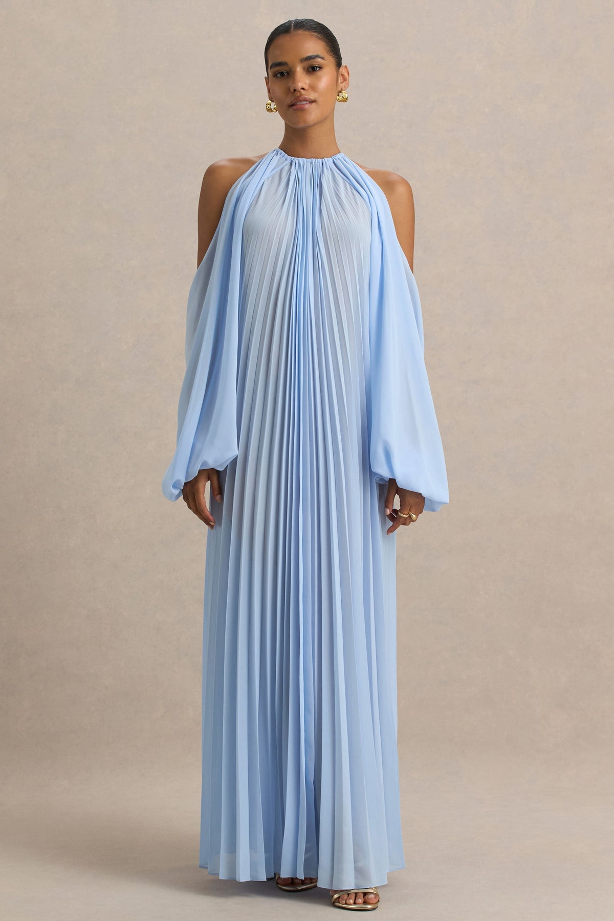 Reyna | Powder Blue Sheer Pleated Chiffon Cold-Shoulder Maxi Dress
