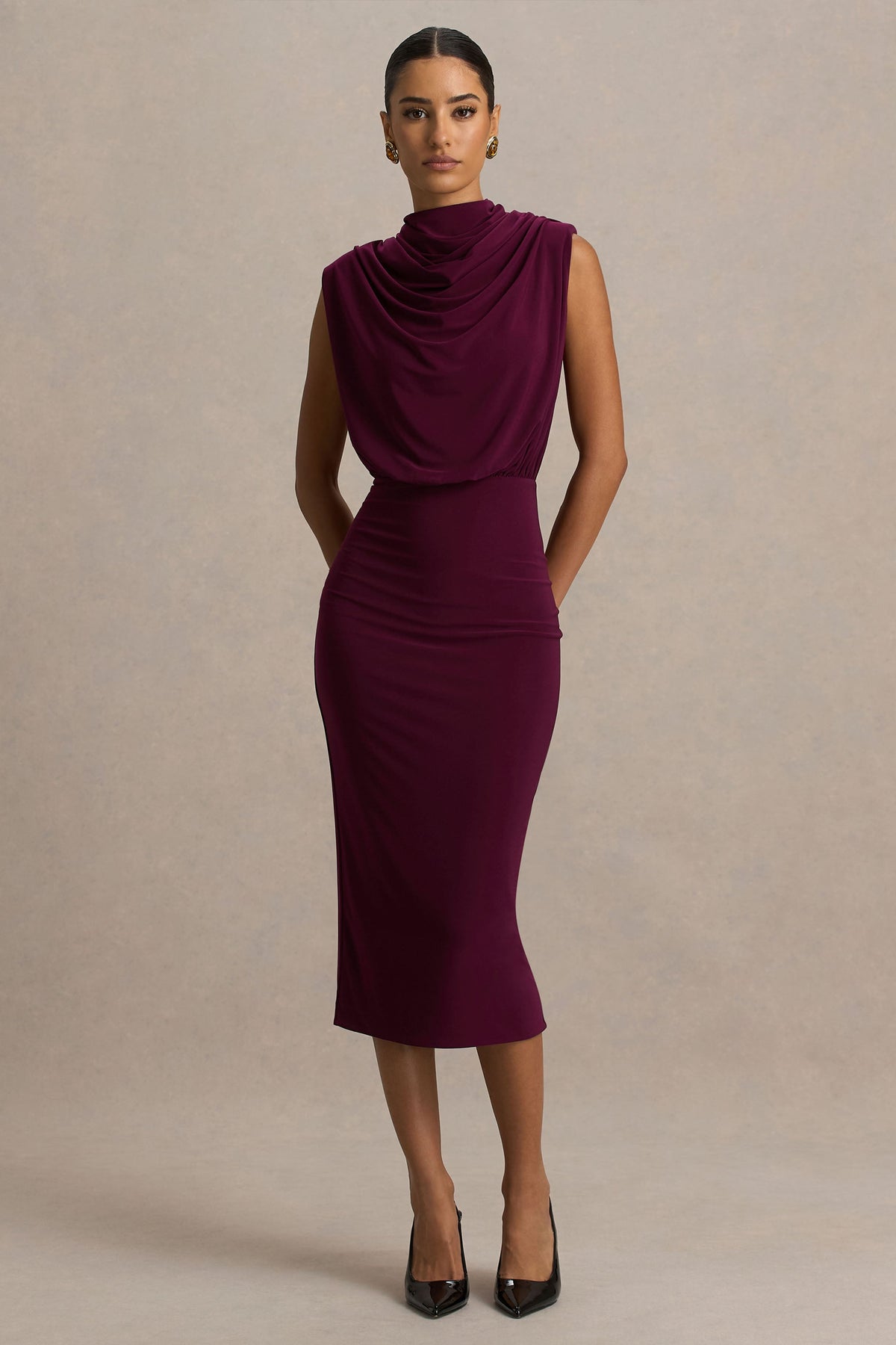 Hermia | Burgundy High-Neck Midi Dress