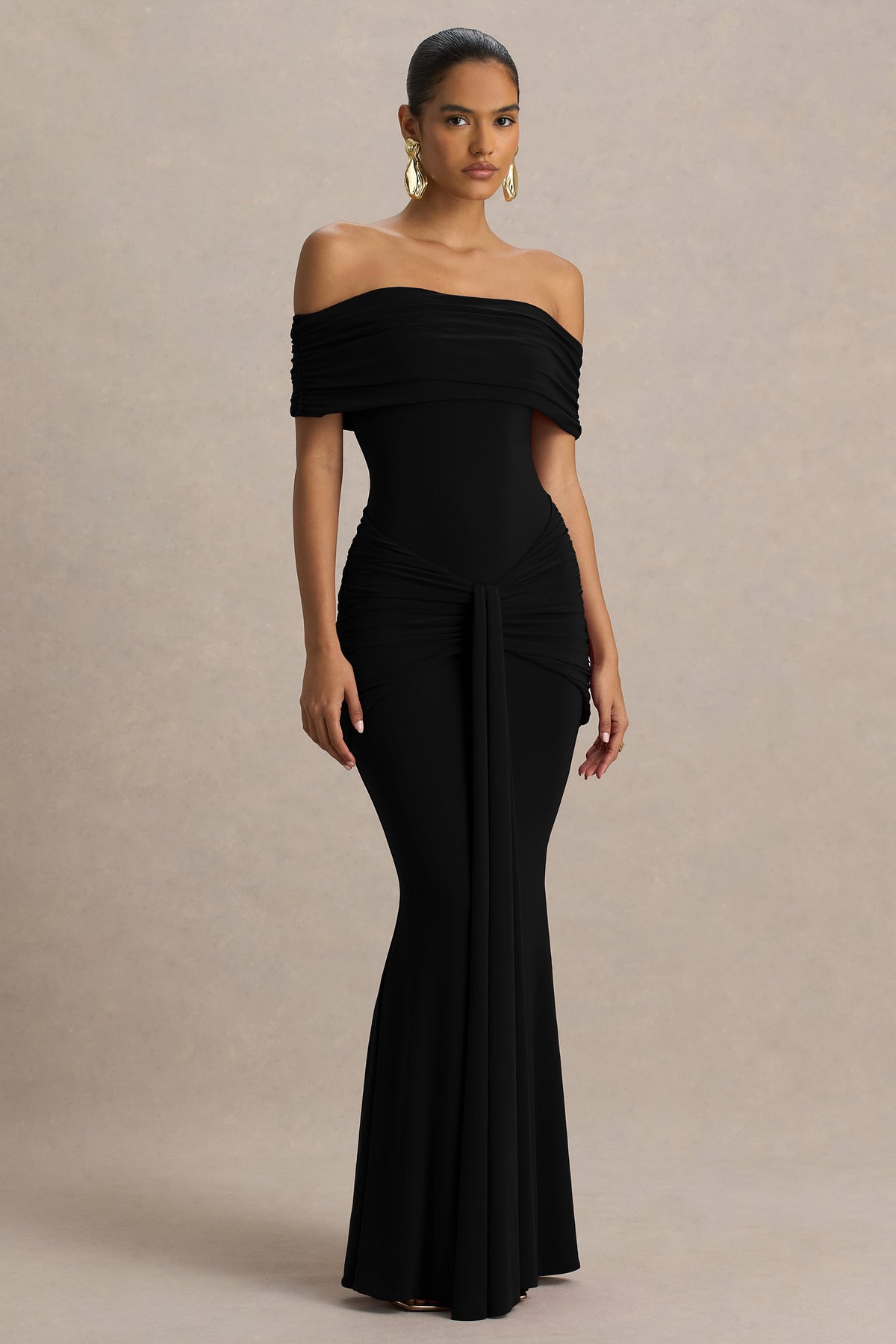 Envisioned | Black Bardot-Neck Maxi Dress With Gathered And Drape Detail