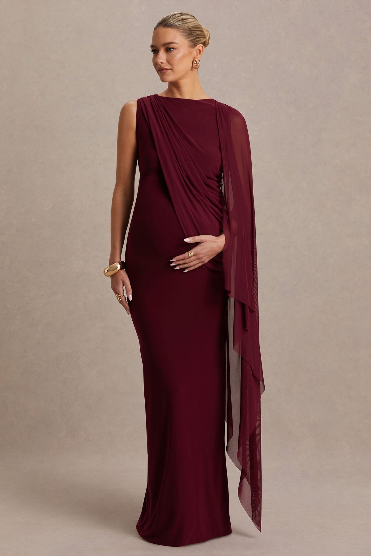 Cristina | Burgundy Slashed-Neck Maternity Maxi Dress With Cape-Sleeve