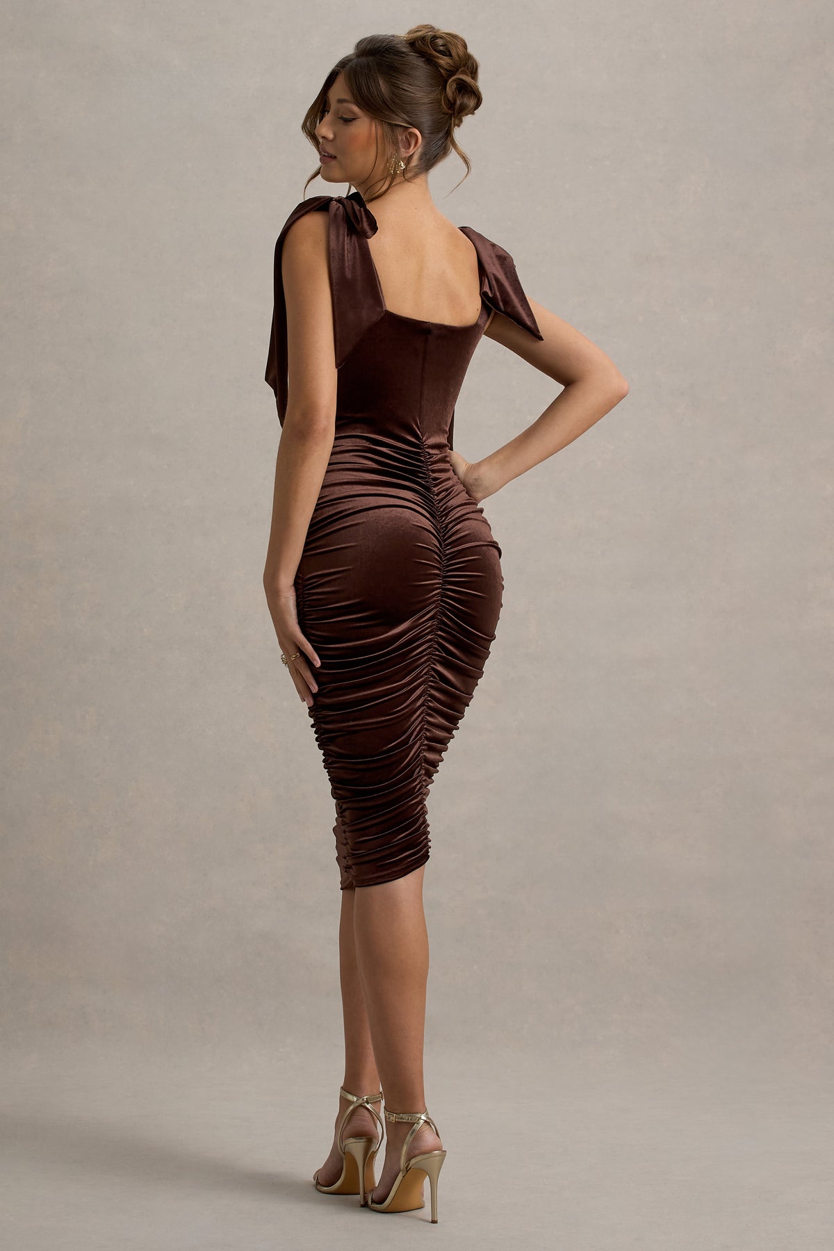Tarna | Brown Velvet Midi Dress With Bow Straps