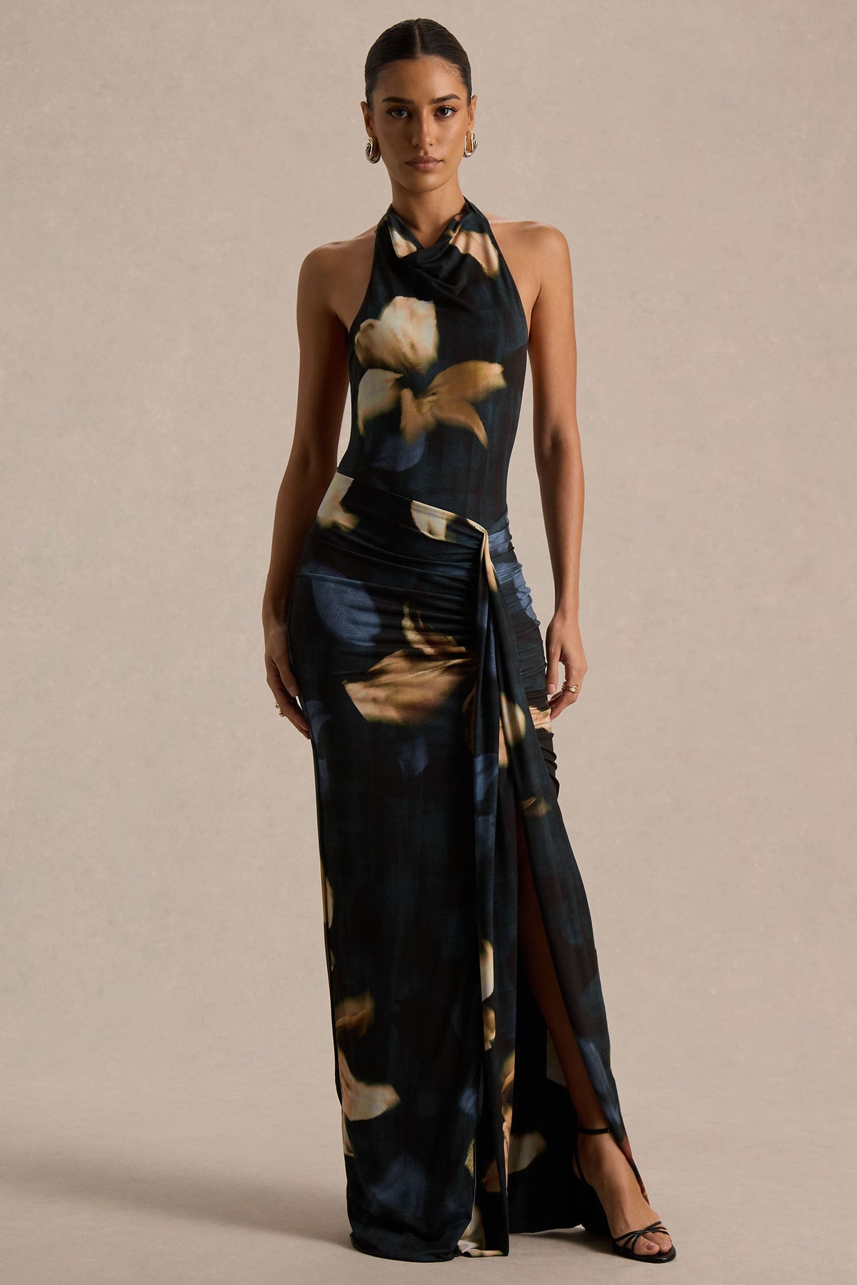 Sunflower | Dark Lily Print Jersey Cowl Maxi Dress With Gathered Detailing And Split