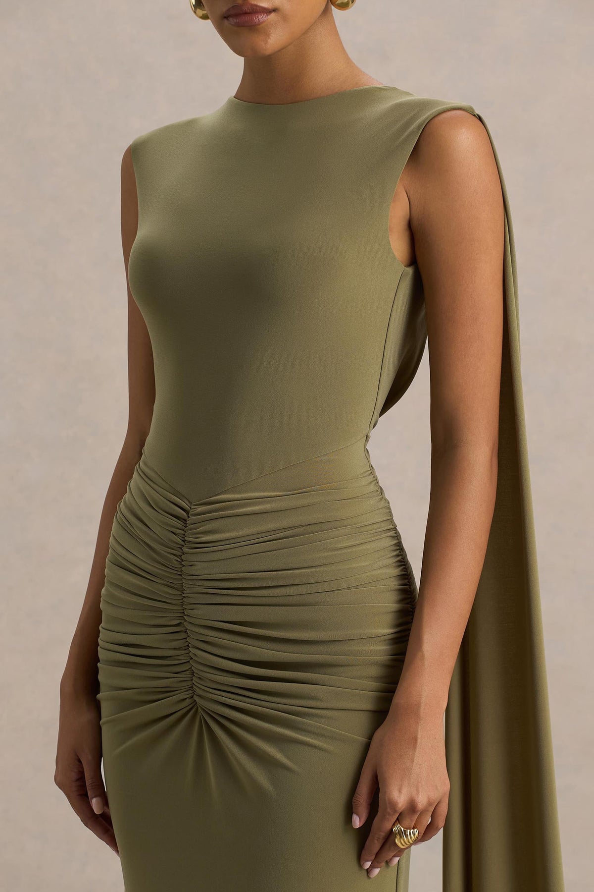 Premiere | Olive Boat-Neck Maxi Dress With Cape-Sleeves And Open-Back
