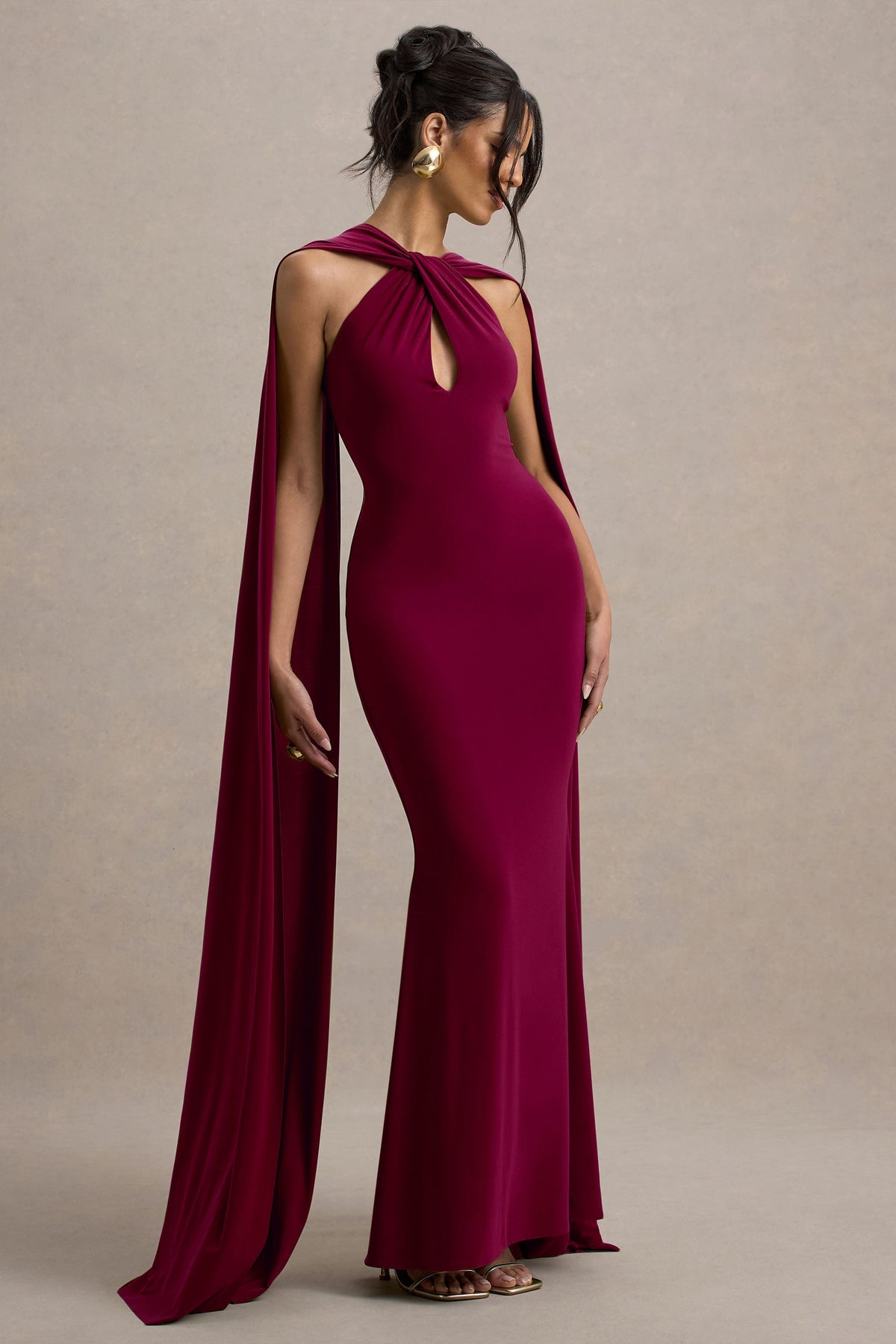Rhoda | Burgundy Twist Halter-Neck Cape Maxi Dress