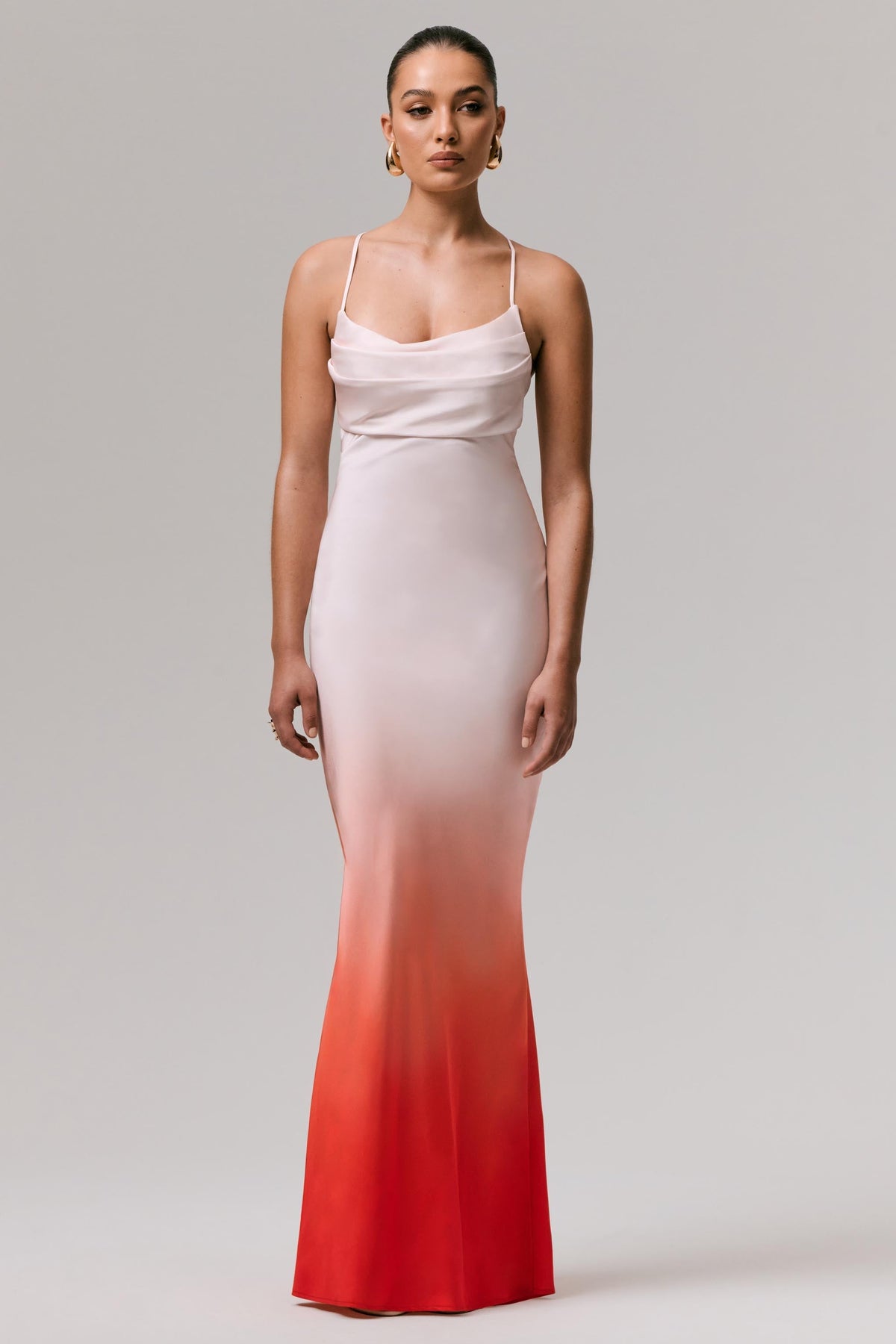 Lucie | Red Ombre Satin Cowl-Neck Maxi Dress