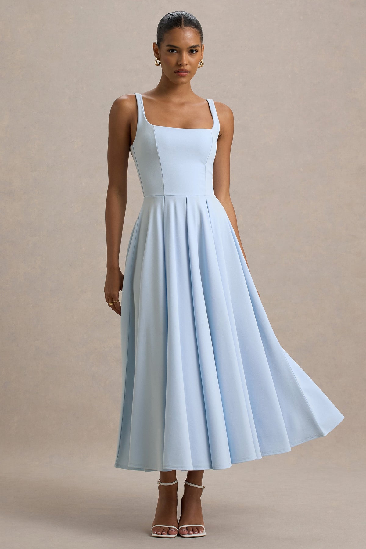 Parina | Powder Blue Scuba Square Neck A-Line Midi Dress