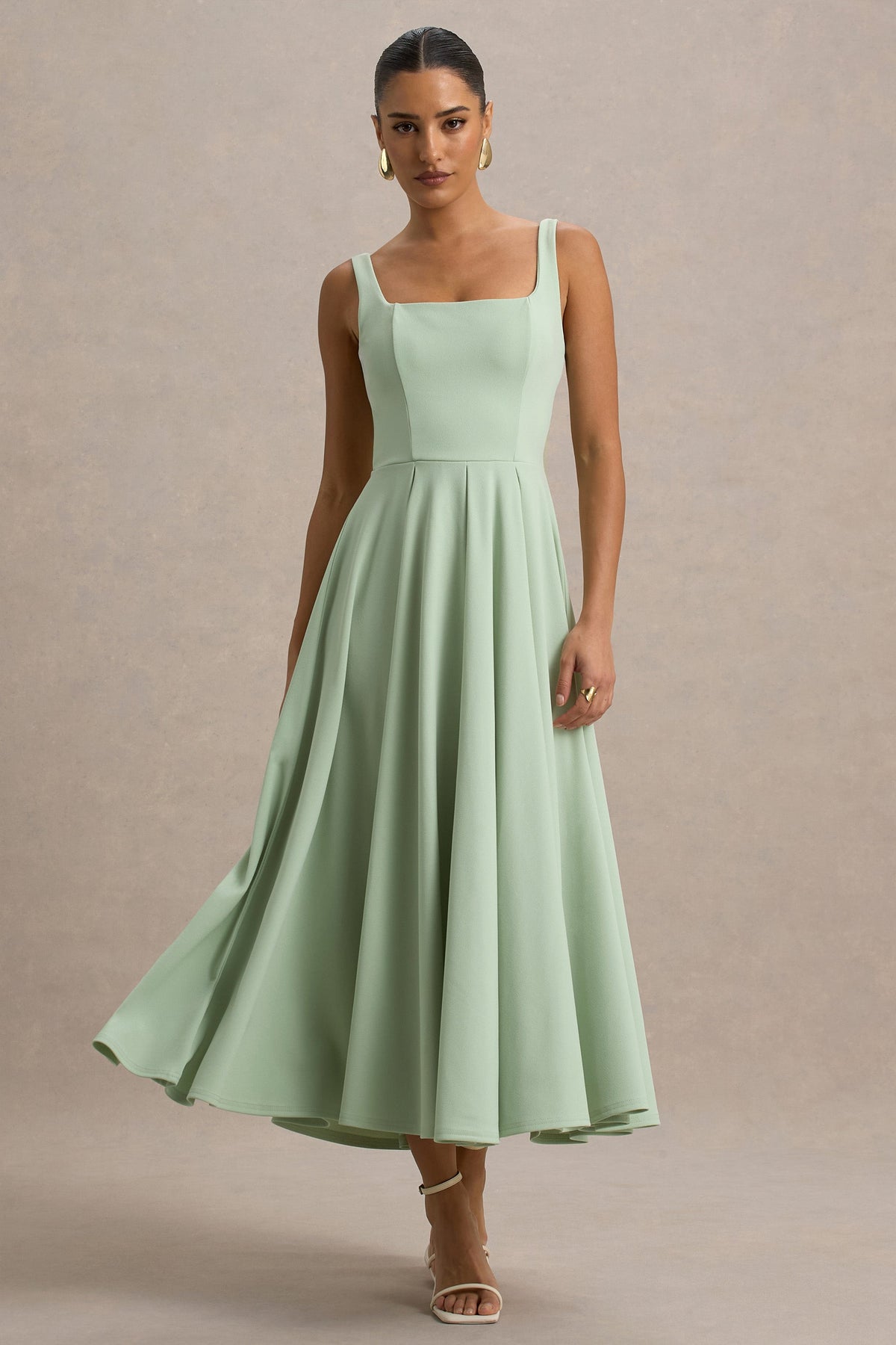 Parina | Light Green Scuba Square Neck A-Line Midi Dress