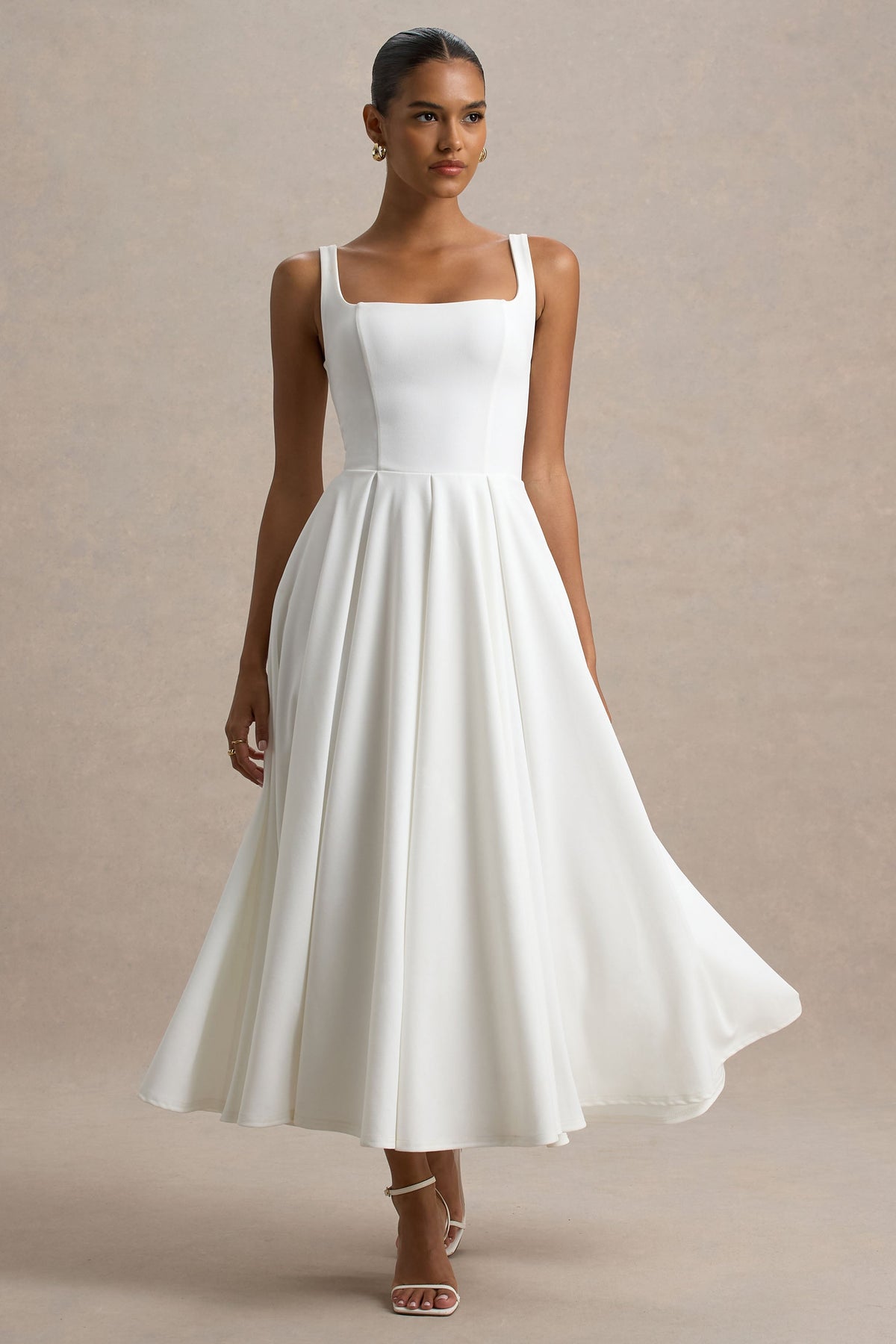 Parina | White Scuba Square Neck A-Line Midi Dress