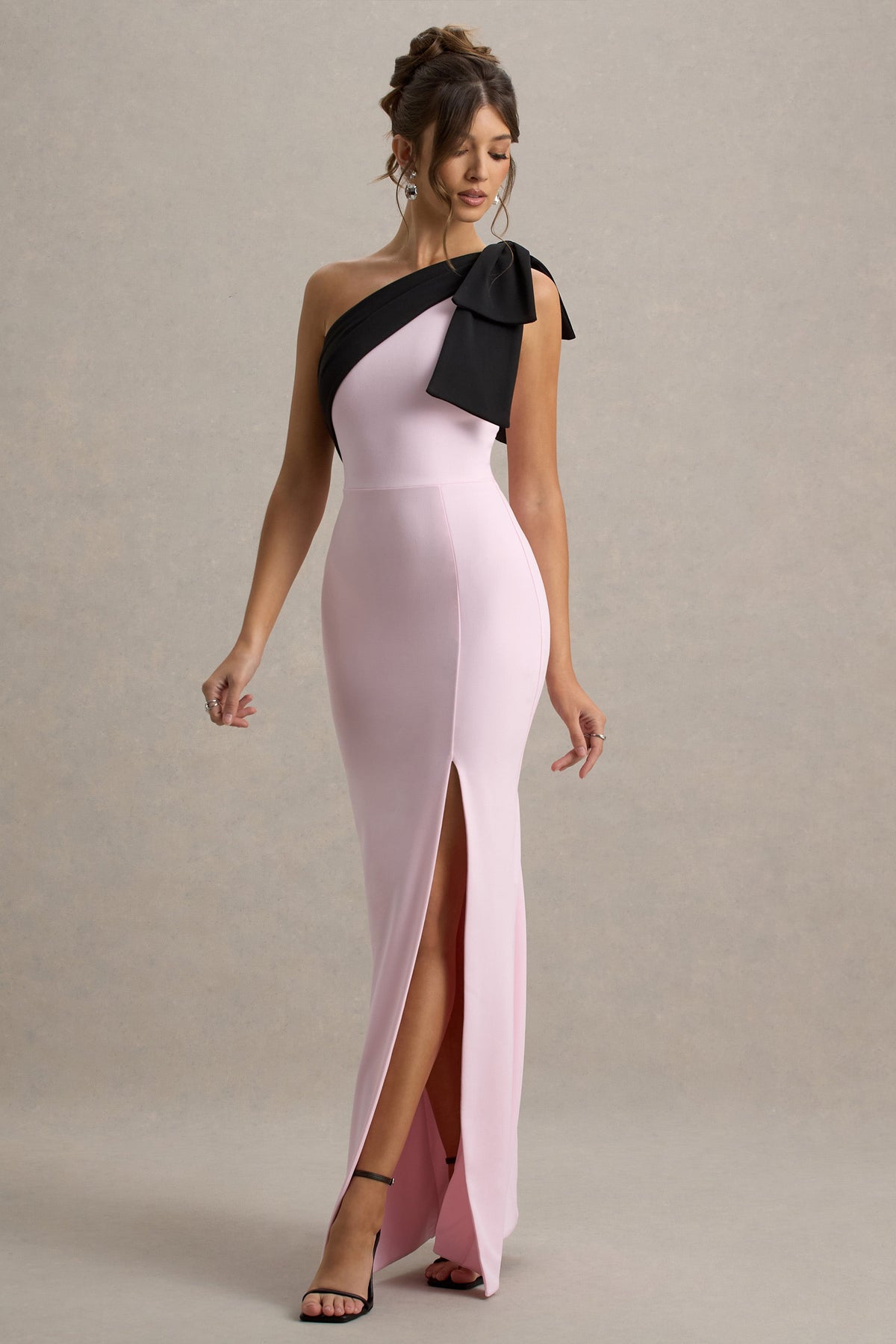 Kiri | Pink & Black One-Shoulder Bow Maxi Dress