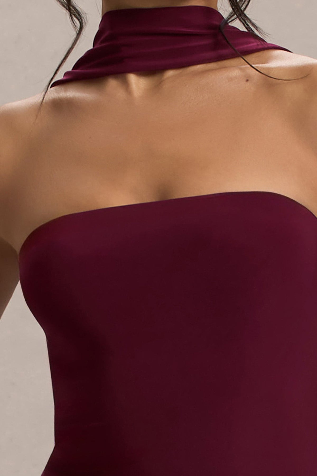 Nobu | Burgundy Bandeau Maxi Dress With Halter-Collar