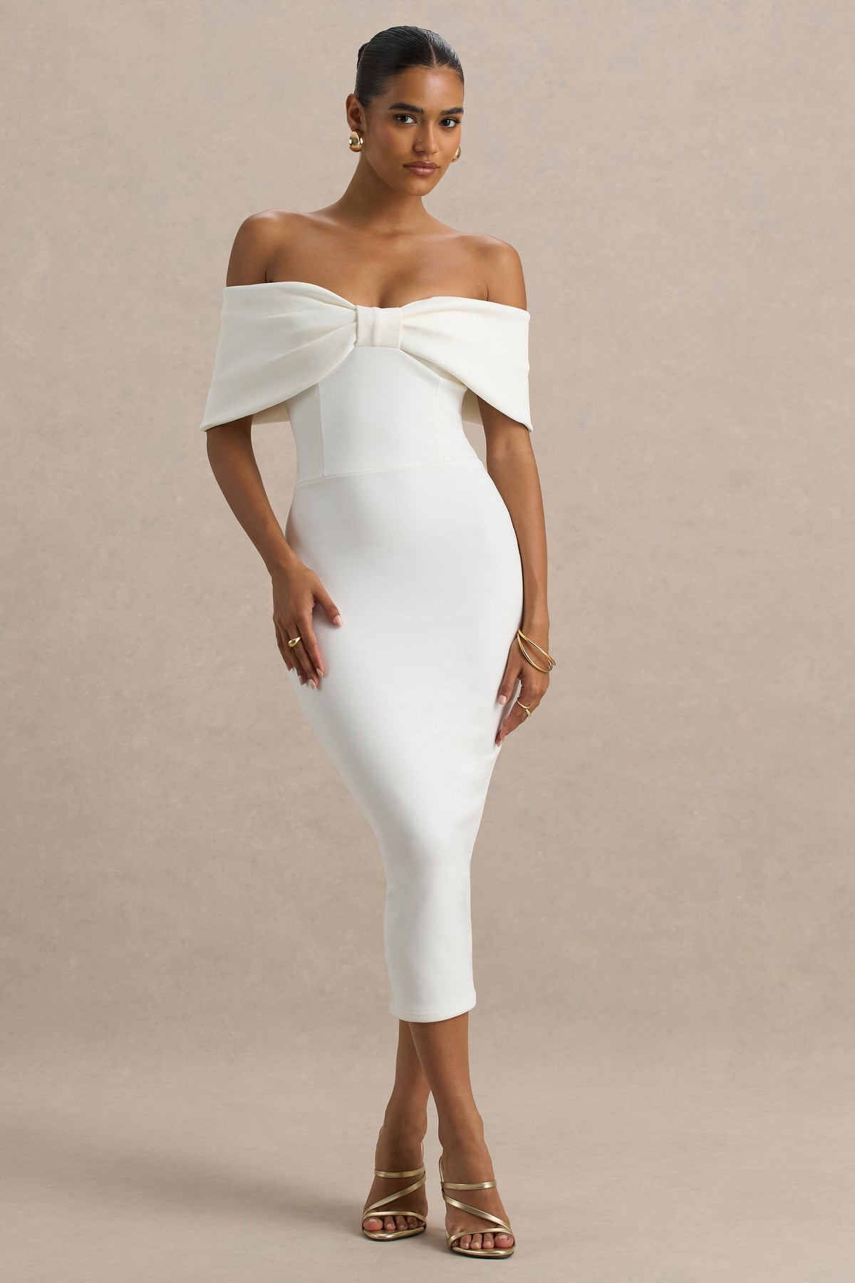 Bayshore | White Bow Bardot Midi Dress
