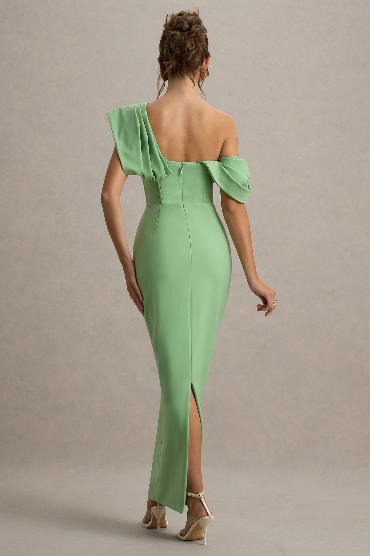 Angelina | Green Draped Shoulder Maxi Dress