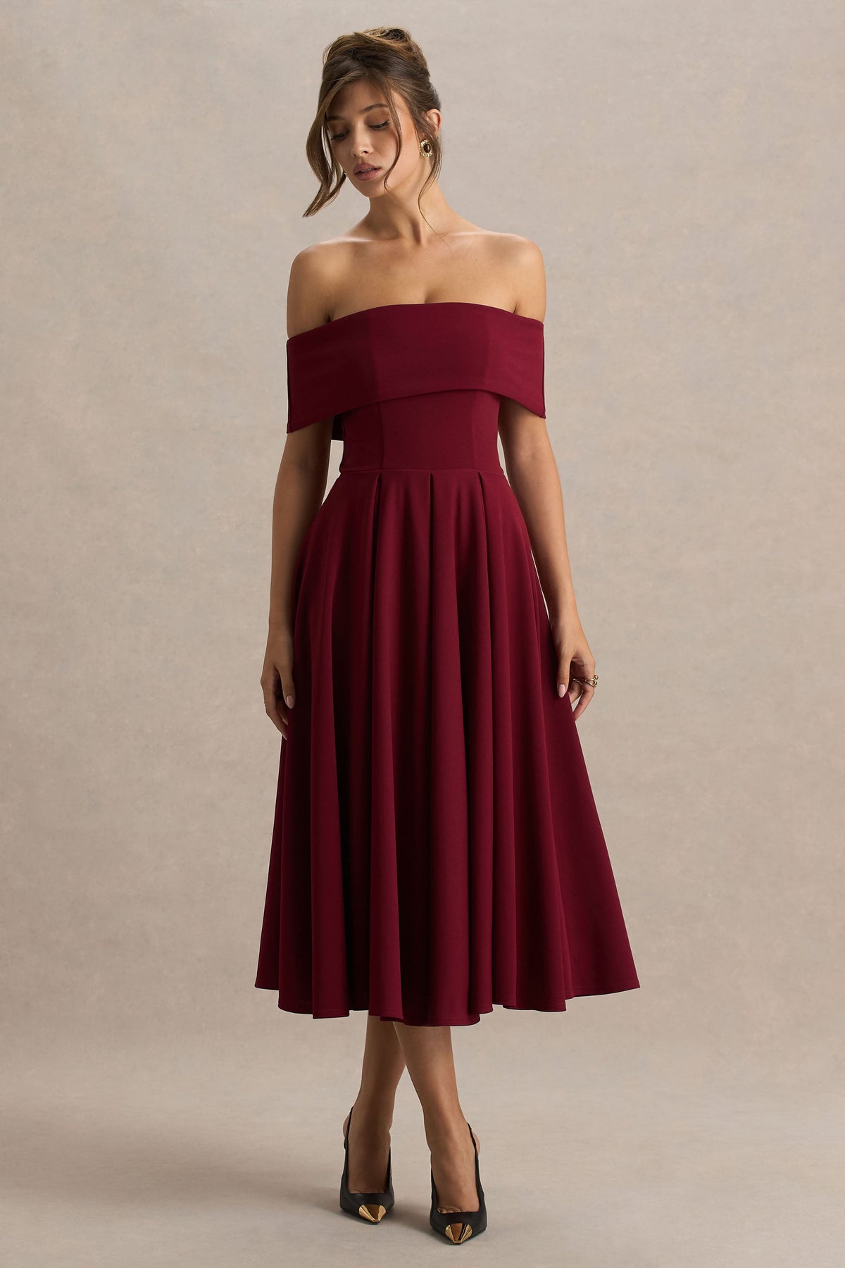 Isabella | Burgundy Bardot-Neck Midi Dress