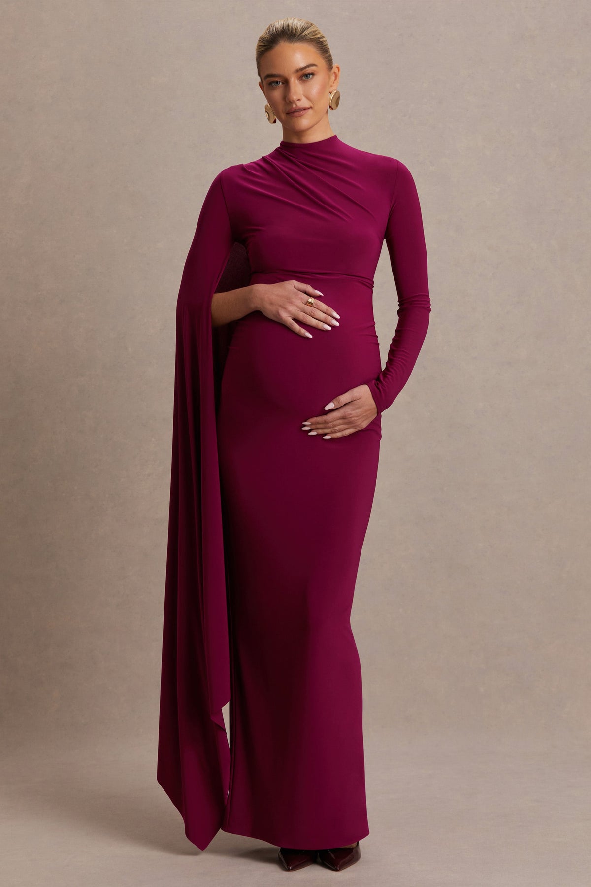 Lavinia | Berry High-Neck Maternity Maxi Dress With Cape-Sleeve
